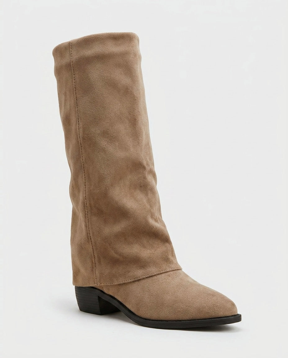 Block Heel Fold-Over Knee-High Boots