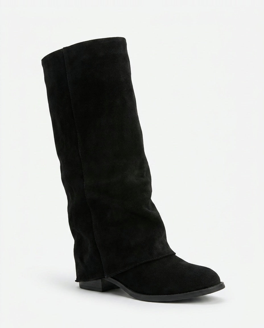 Block Heel Fold-Over Knee-High Boots
