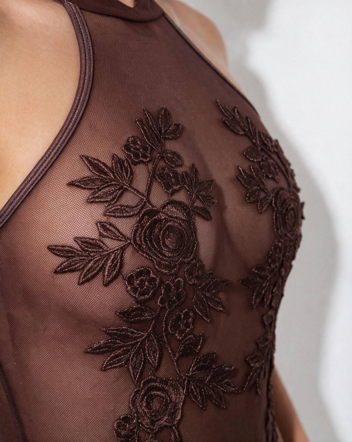 Lace Appliqué Halter Bodysuit With Back Cutout