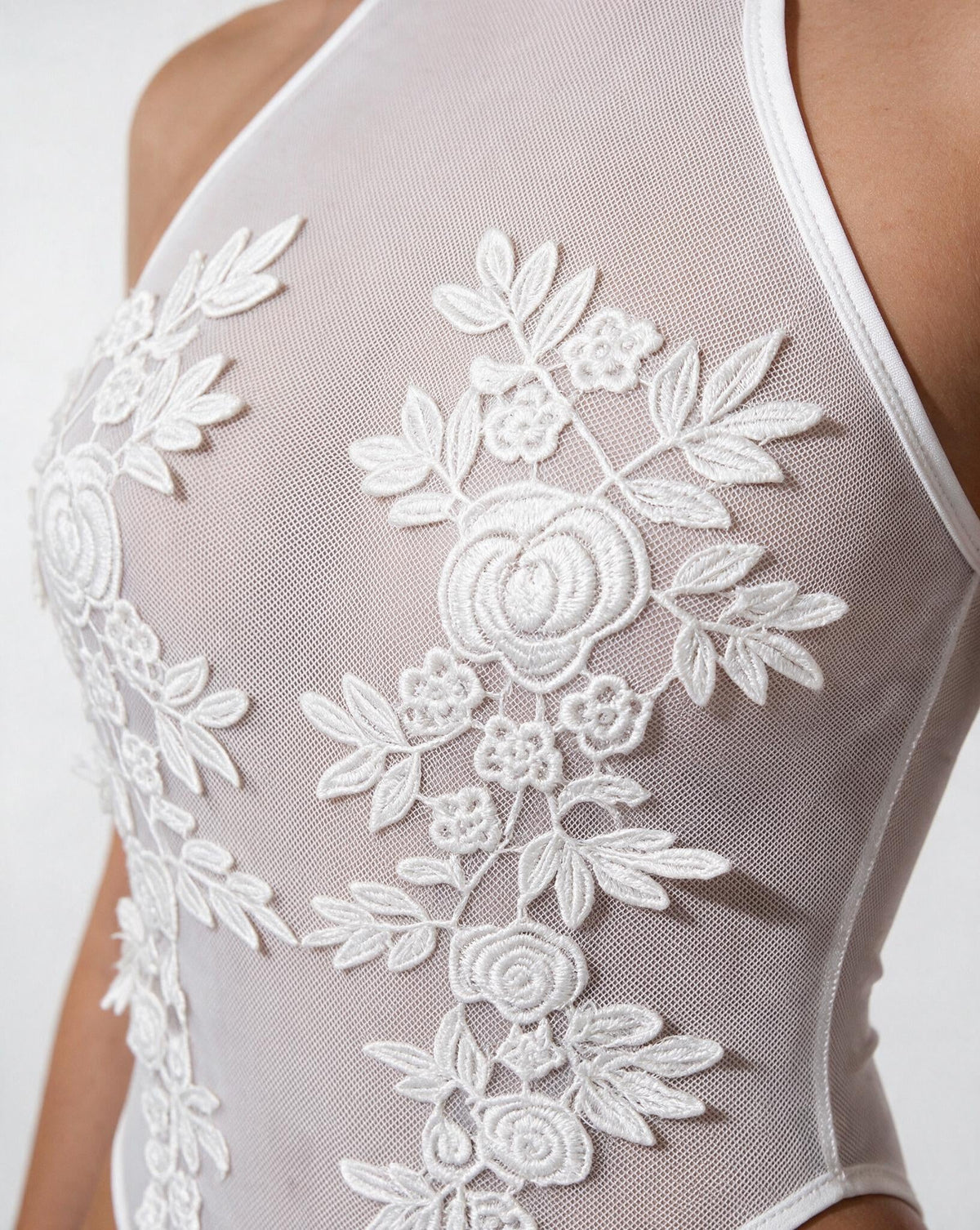 Lace Appliqué Halter Bodysuit With Back Cutout