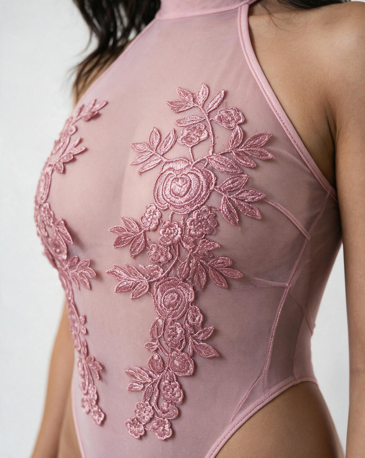 Lace Appliqué Halter Bodysuit With Back Cutout