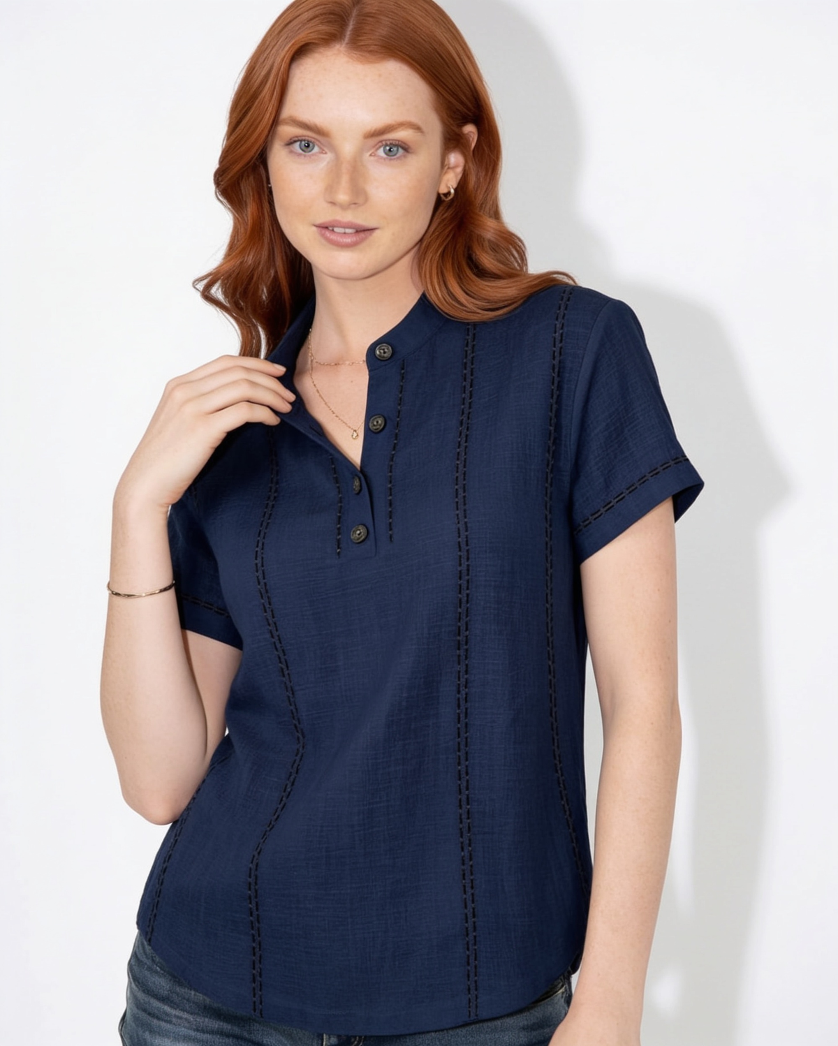 Contrast Stitch Mandarin Collar Blouse