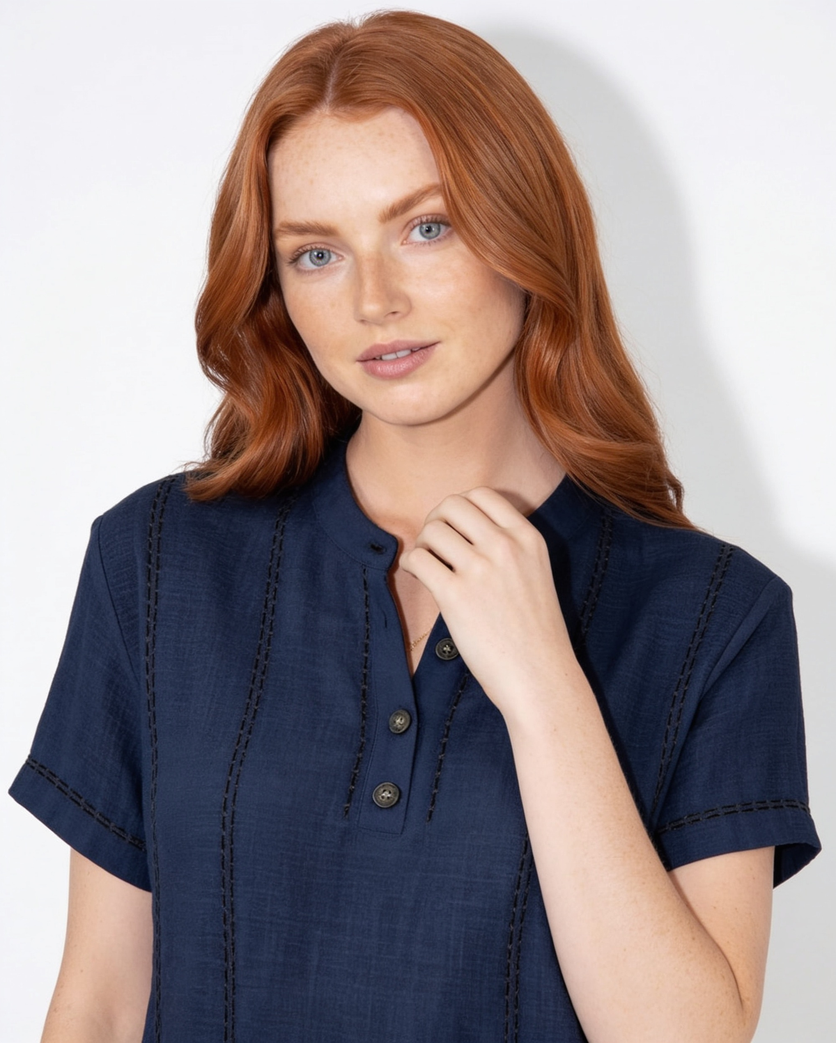 Contrast Stitch Mandarin Collar Blouse