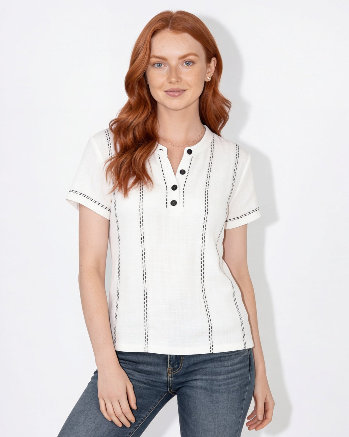 Contrast Stitch Mandarin Collar Blouse