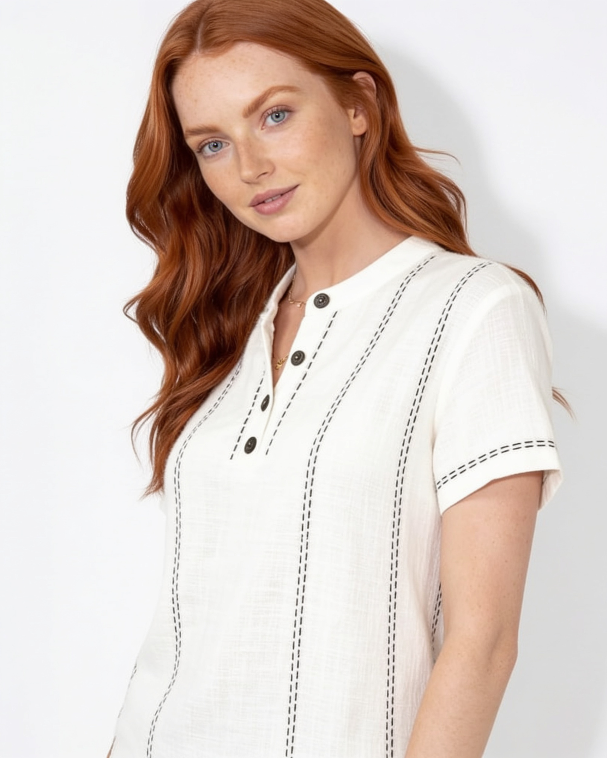 Contrast Stitch Mandarin Collar Blouse