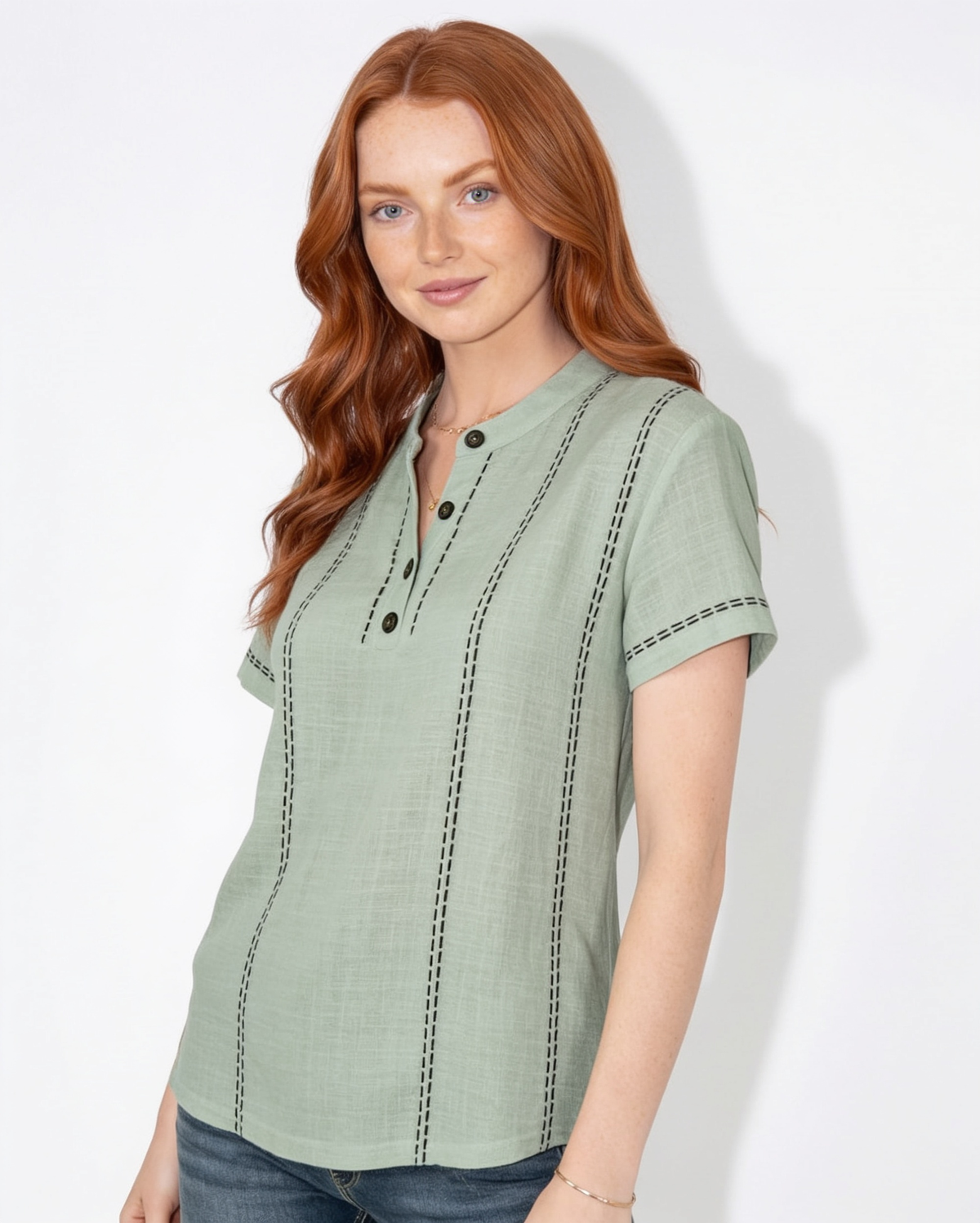 Contrast Stitch Mandarin Collar Blouse