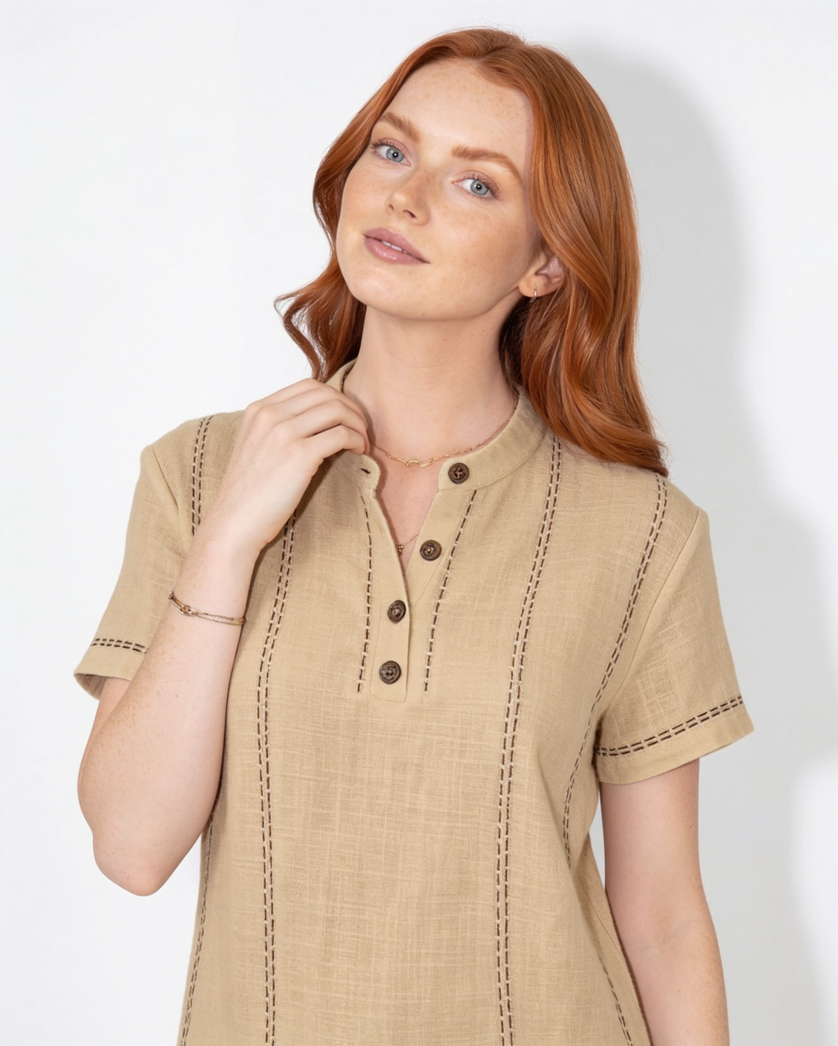 Contrast Stitch Mandarin Collar Blouse