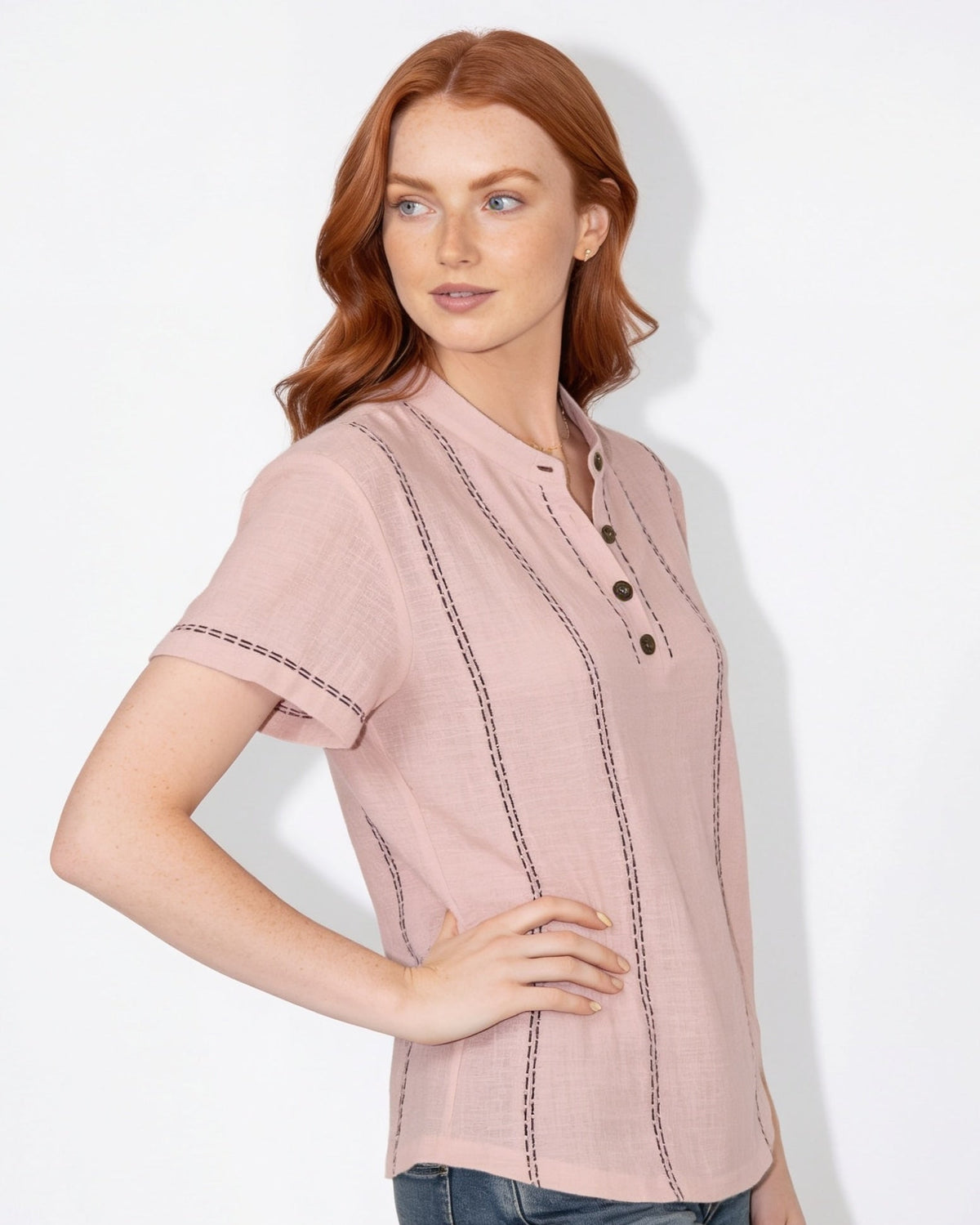 Contrast Stitch Mandarin Collar Blouse
