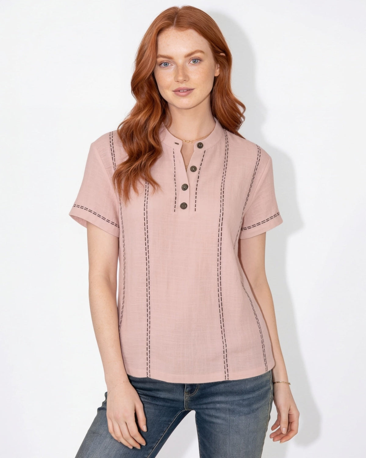 Contrast Stitch Mandarin Collar Blouse