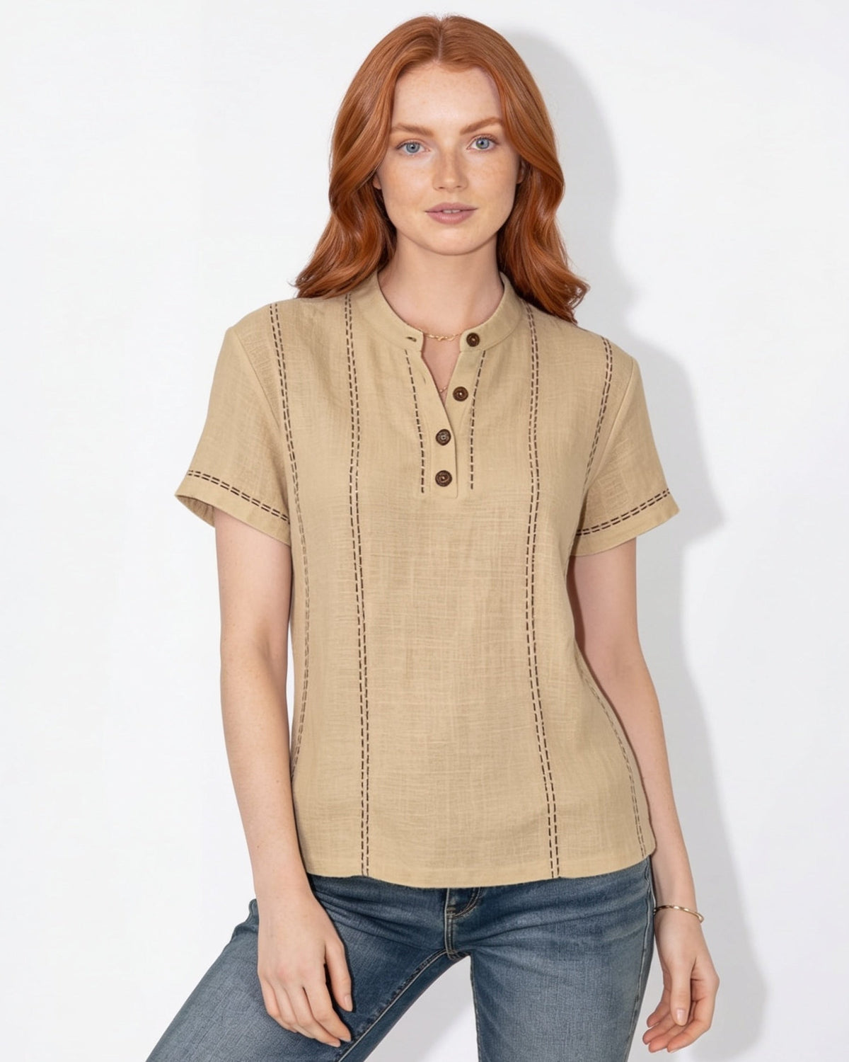 Contrast Stitch Mandarin Collar Blouse