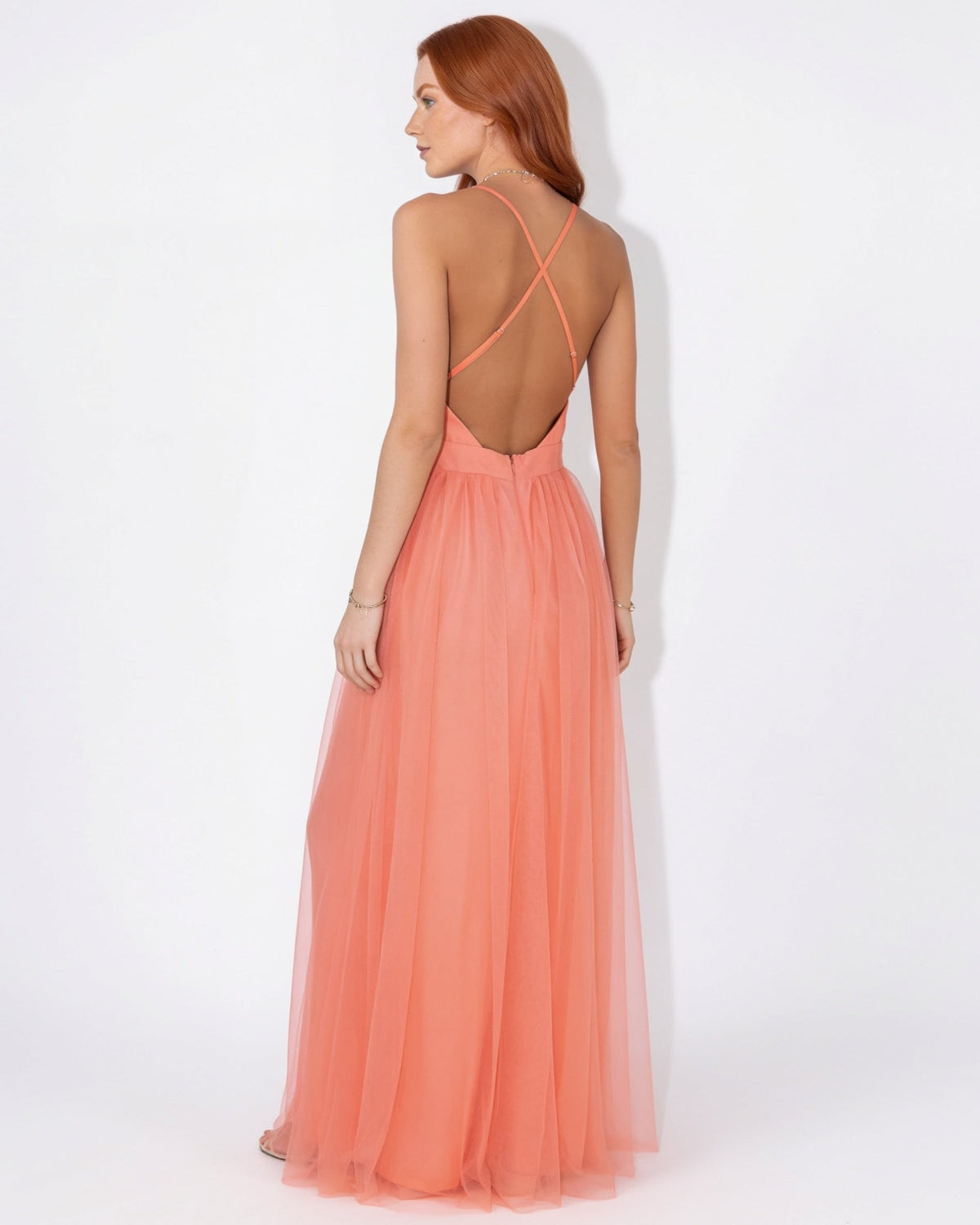 Ruched Plunge Open-Back Maxi Dress