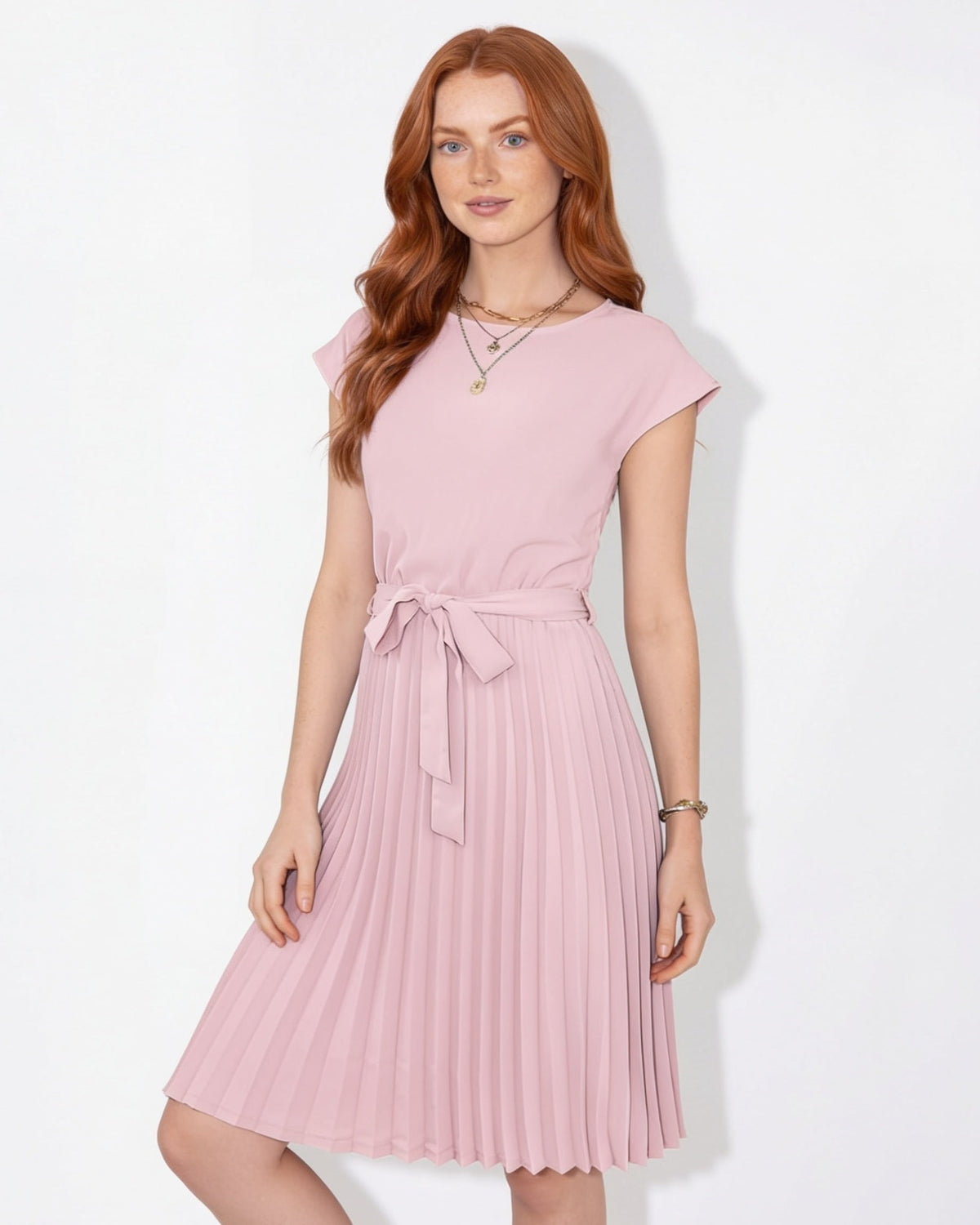 Pleated Bow-Waist Midi Dress