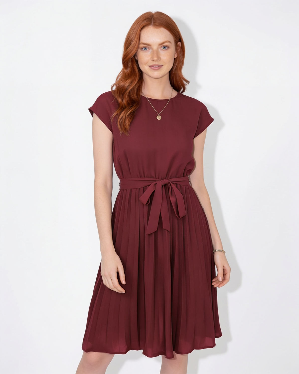 Pleated Bow-Waist Midi Dress