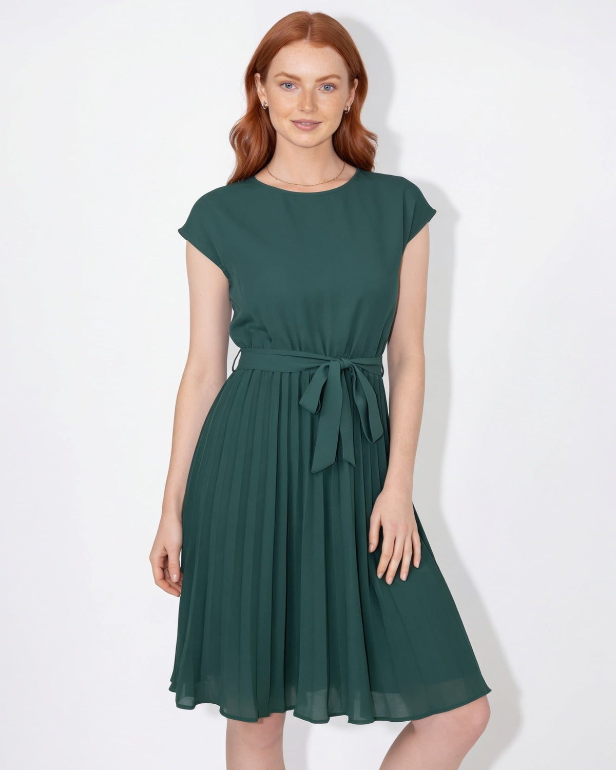 Pleated Bow-Waist Midi Dress
