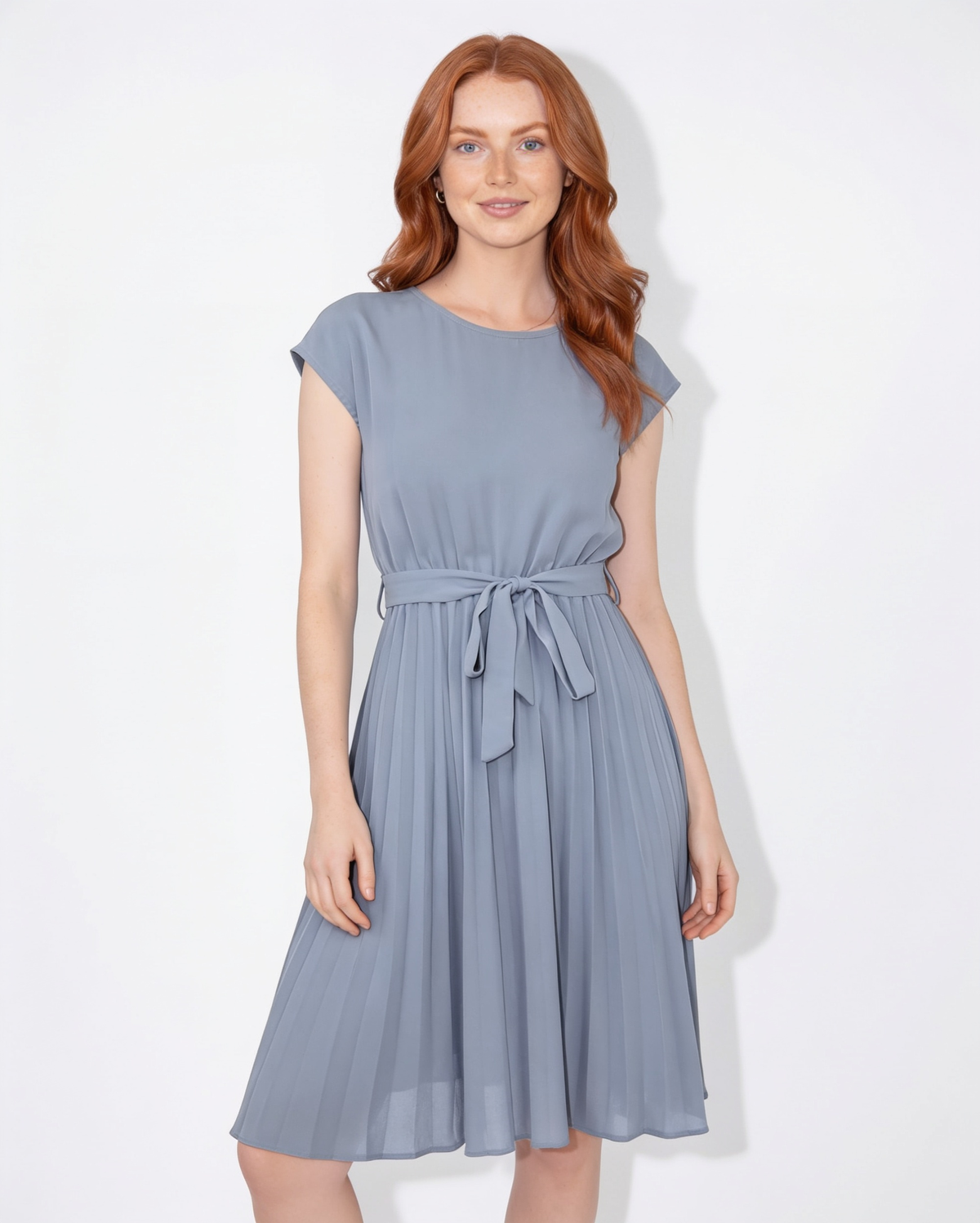 Pleated Bow-Waist Midi Dress
