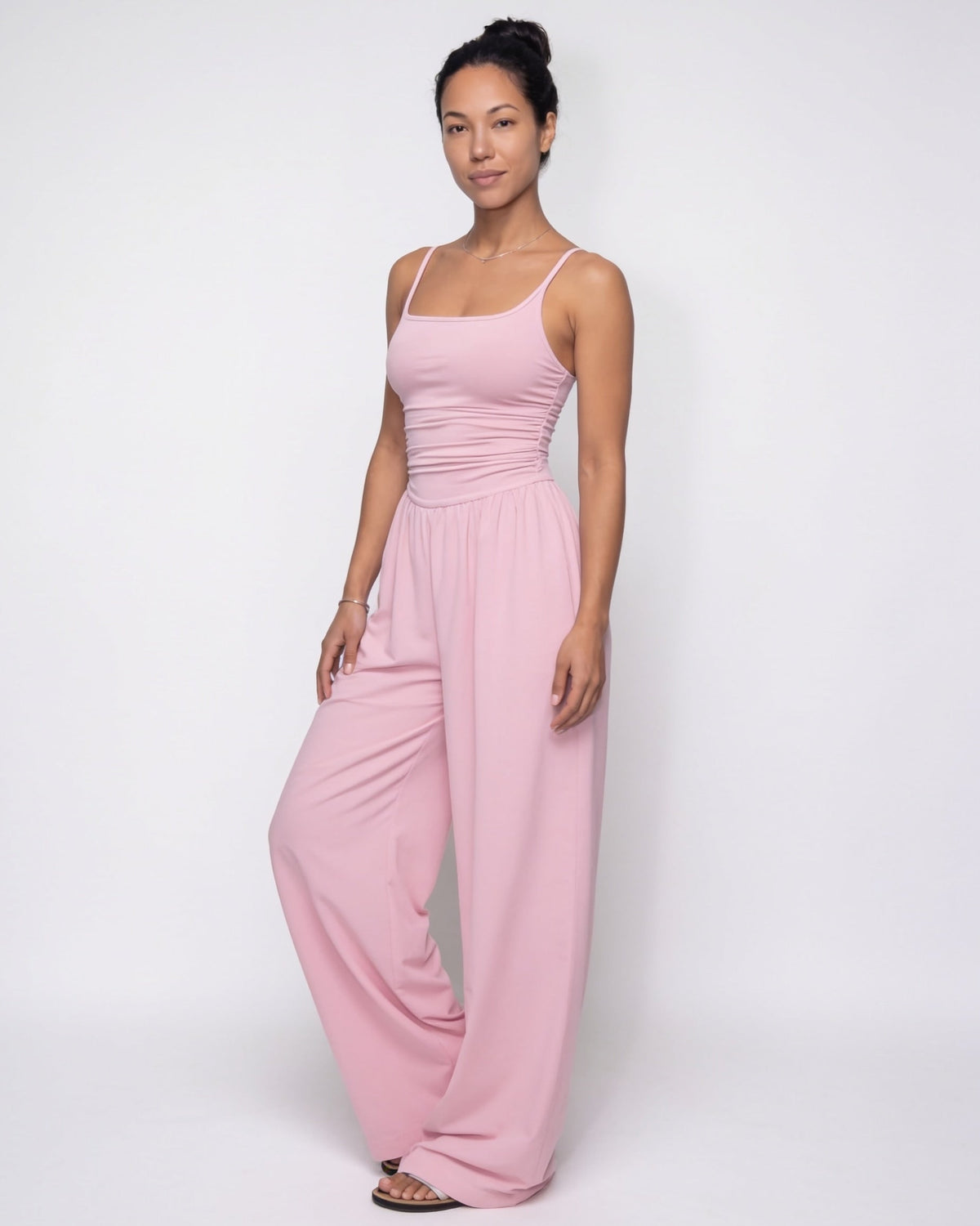 Ruched Strappy Wide-Leg Jumpsuit
