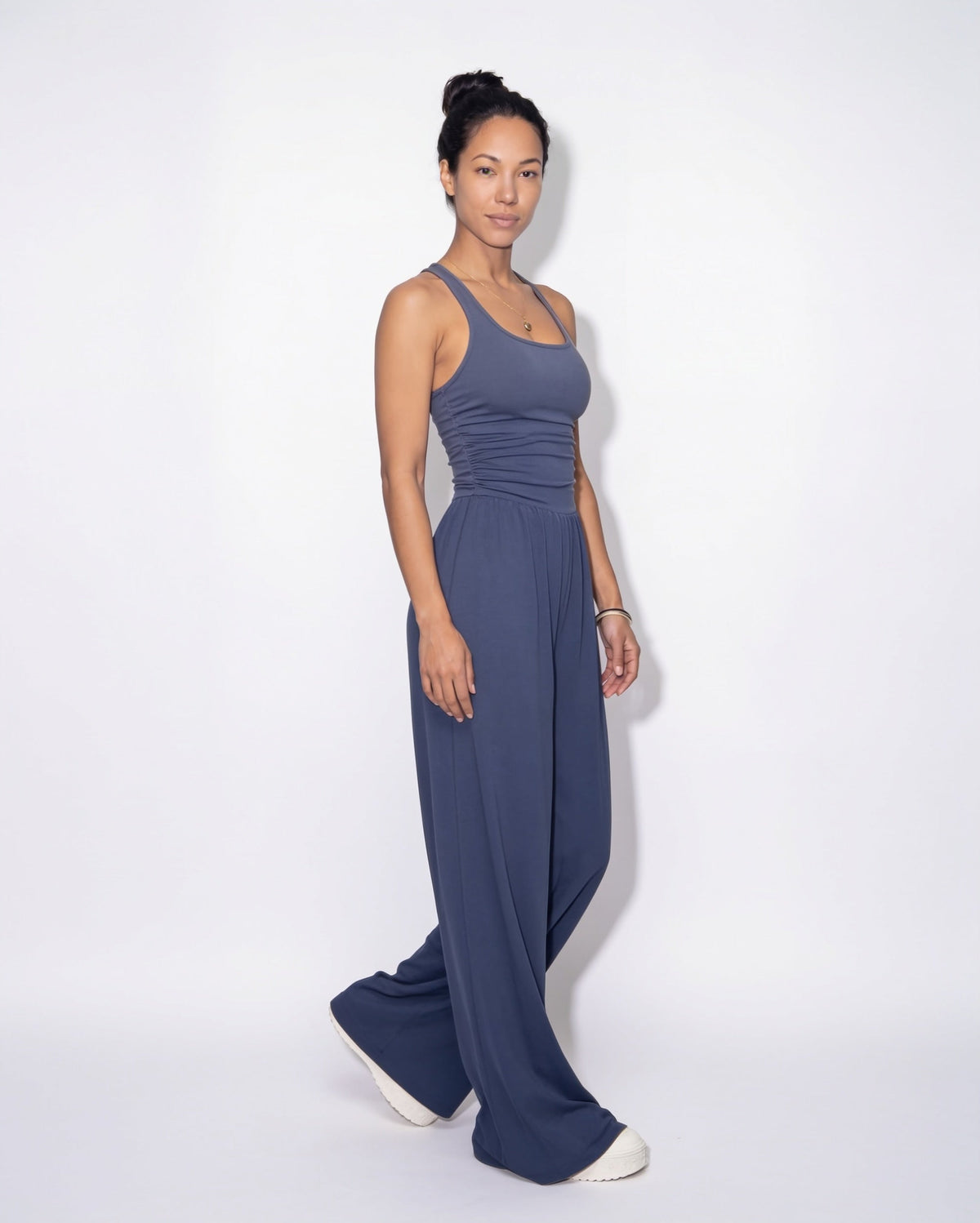 Ruched Strappy Wide-Leg Jumpsuit