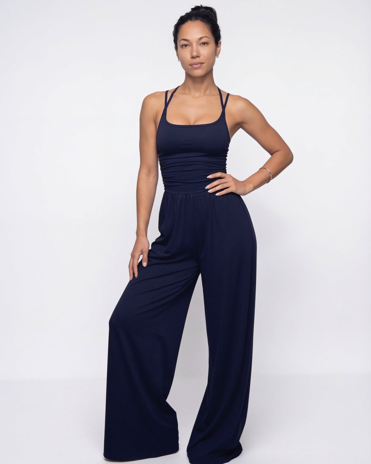 Ruched Strappy Wide-Leg Jumpsuit