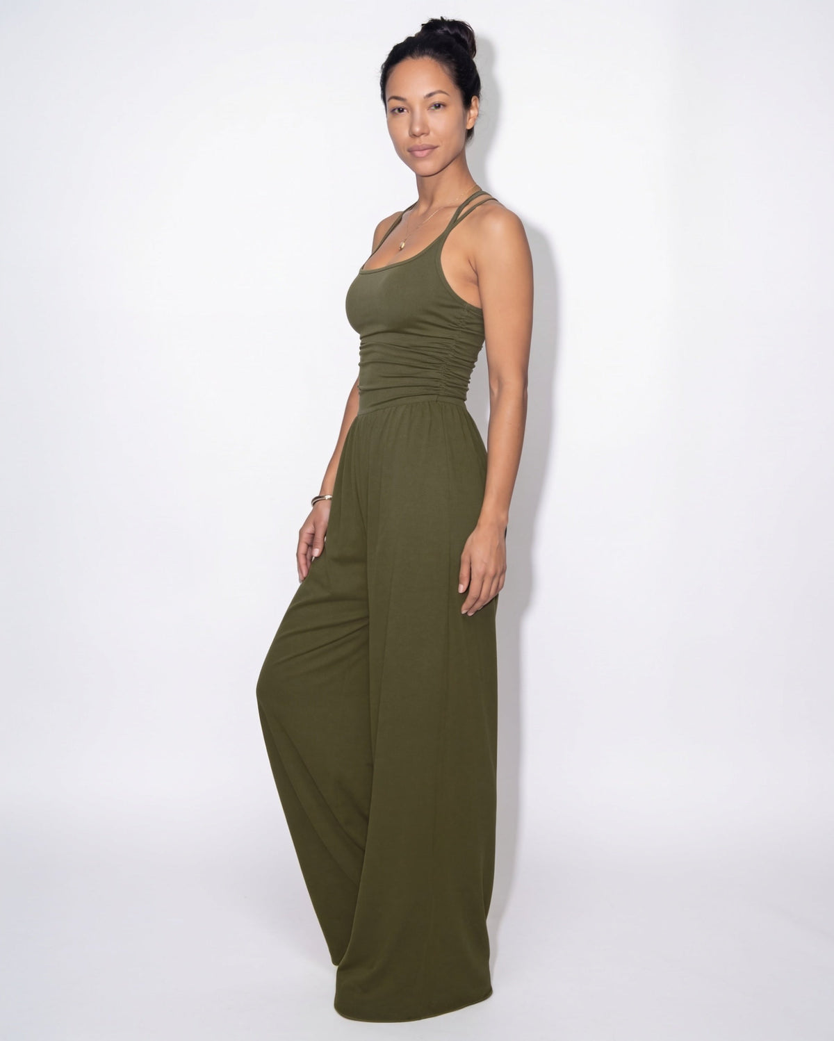 Ruched Strappy Wide-Leg Jumpsuit