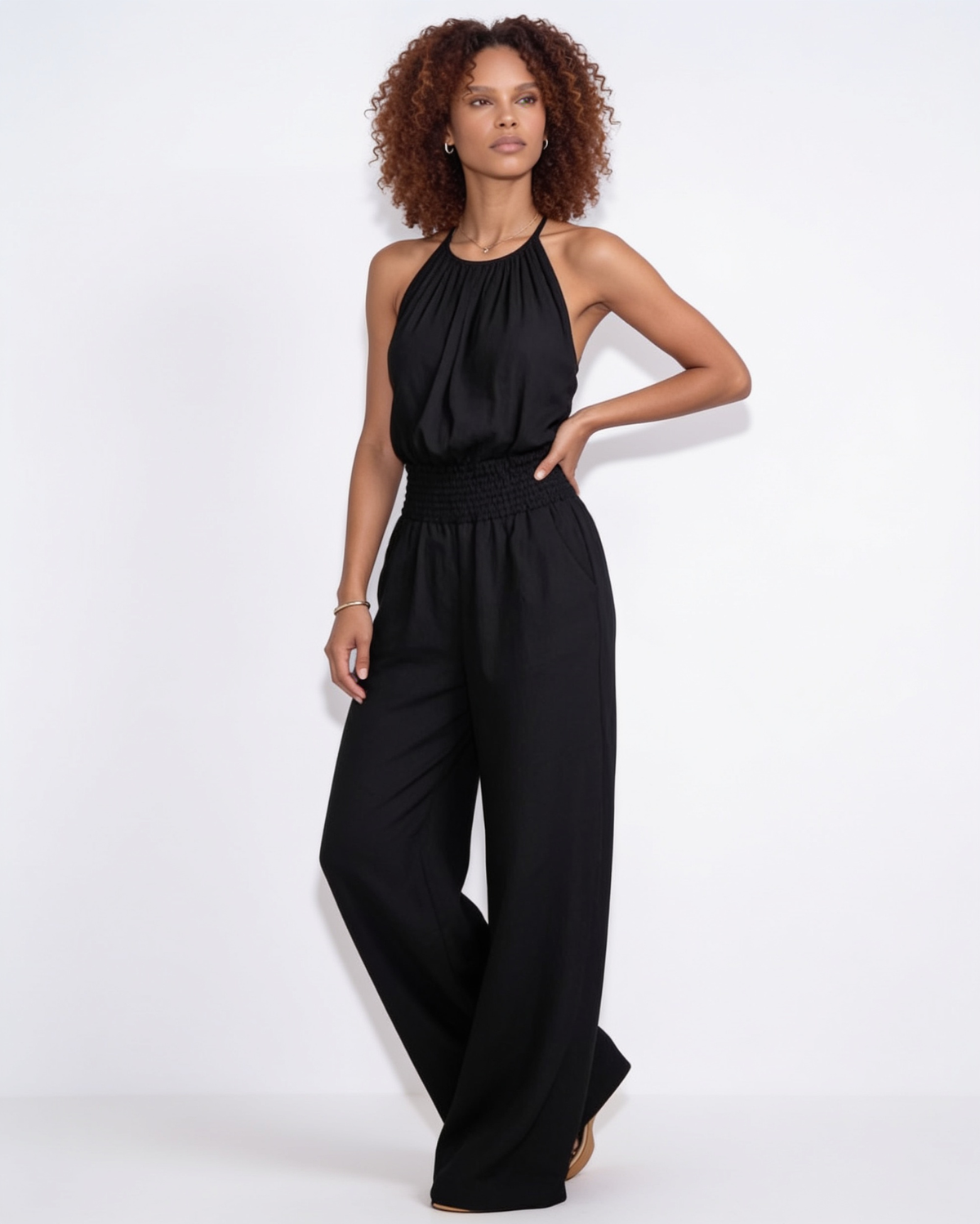Halterneck Smocked-Waist Wide-Leg Jumpsuit