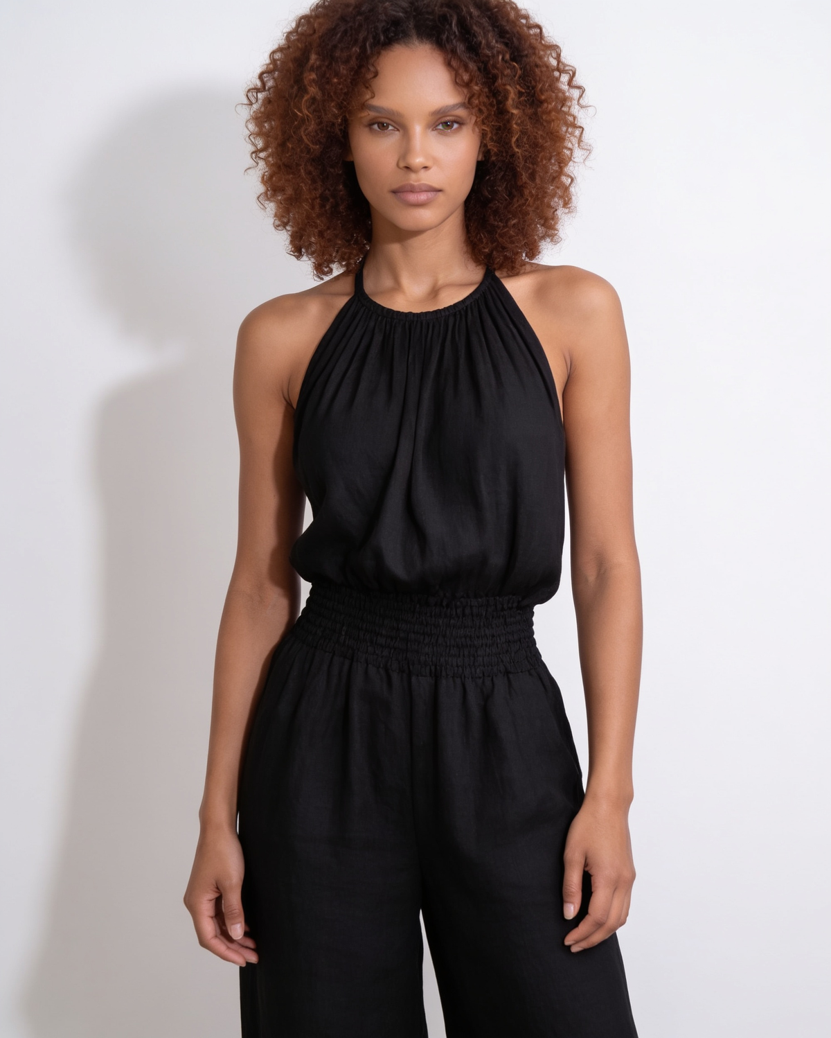 Halterneck Smocked-Waist Wide-Leg Jumpsuit