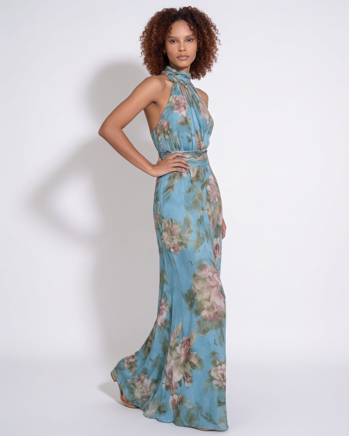 Floral Ruched Halter Maxi Dress