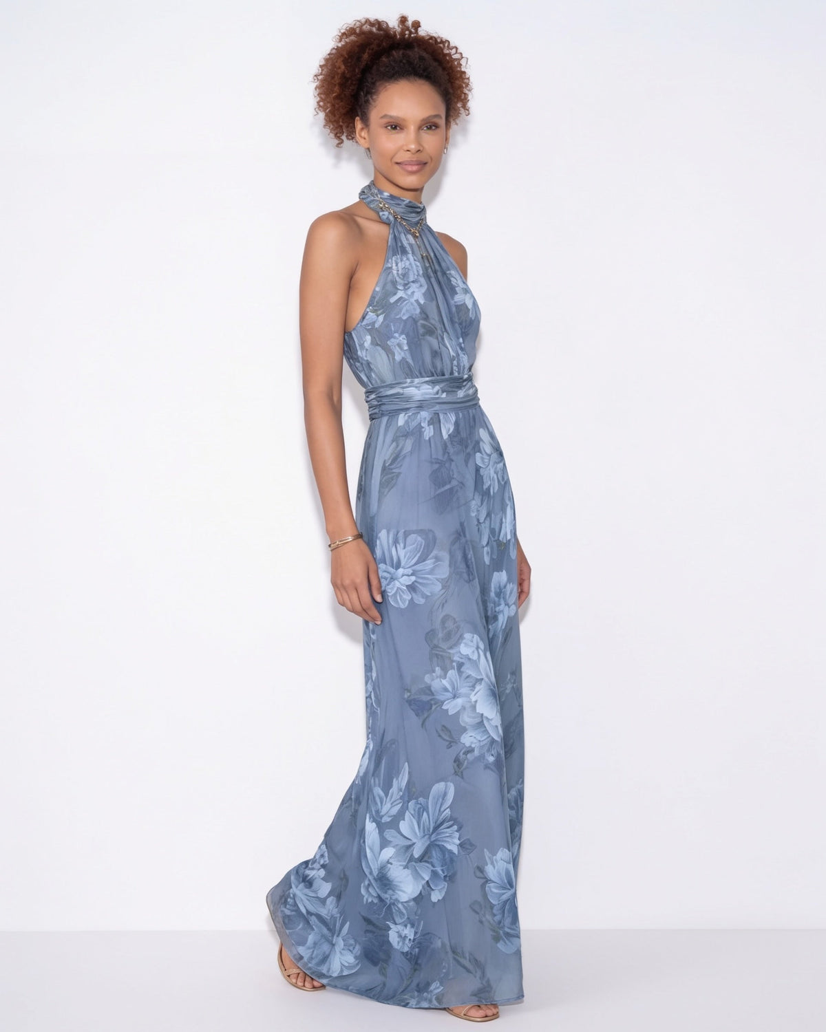 Floral Ruched Halter Maxi Dress