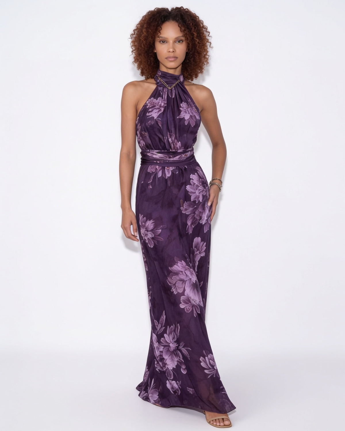 Floral Ruched Halter Maxi Dress