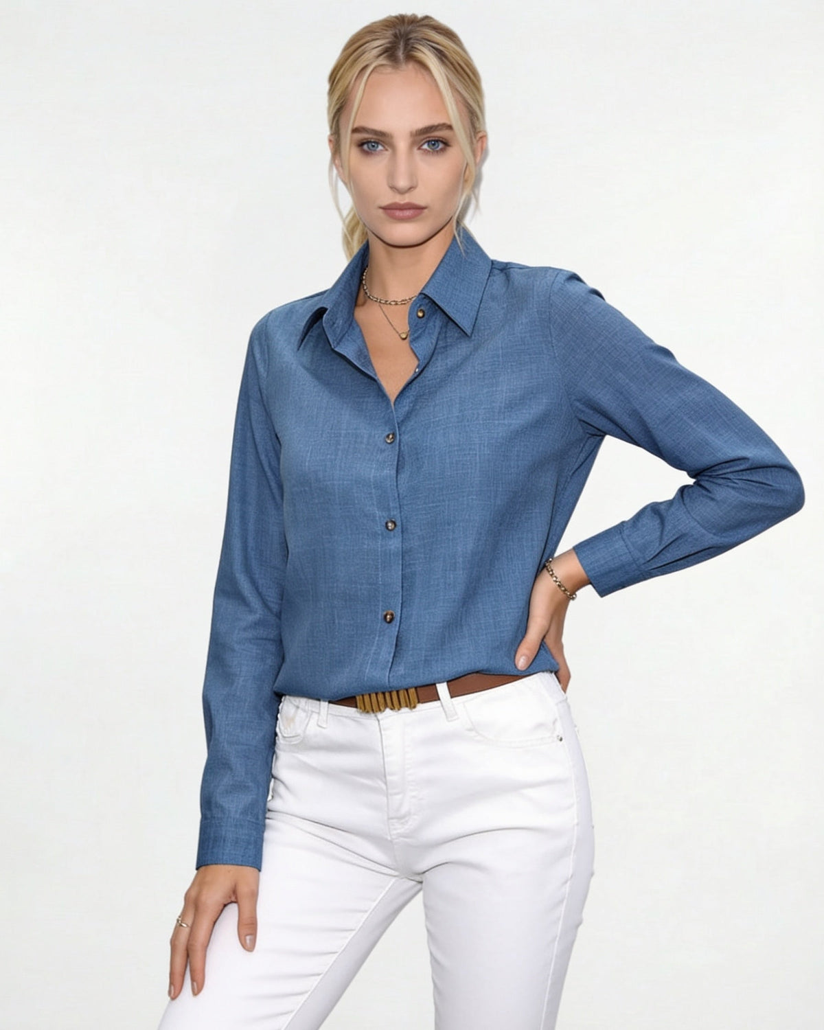 Long-Sleeve Collared Button-Front Blouse