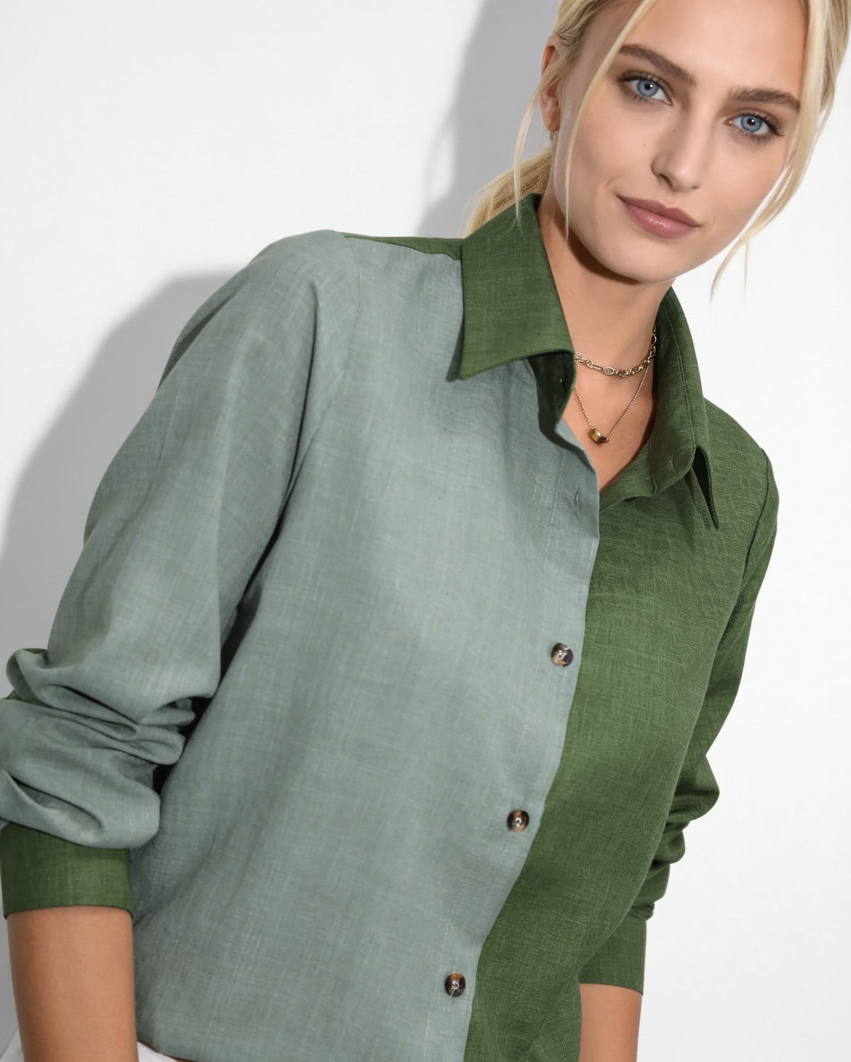 Long-Sleeve Collared Button-Front Blouse