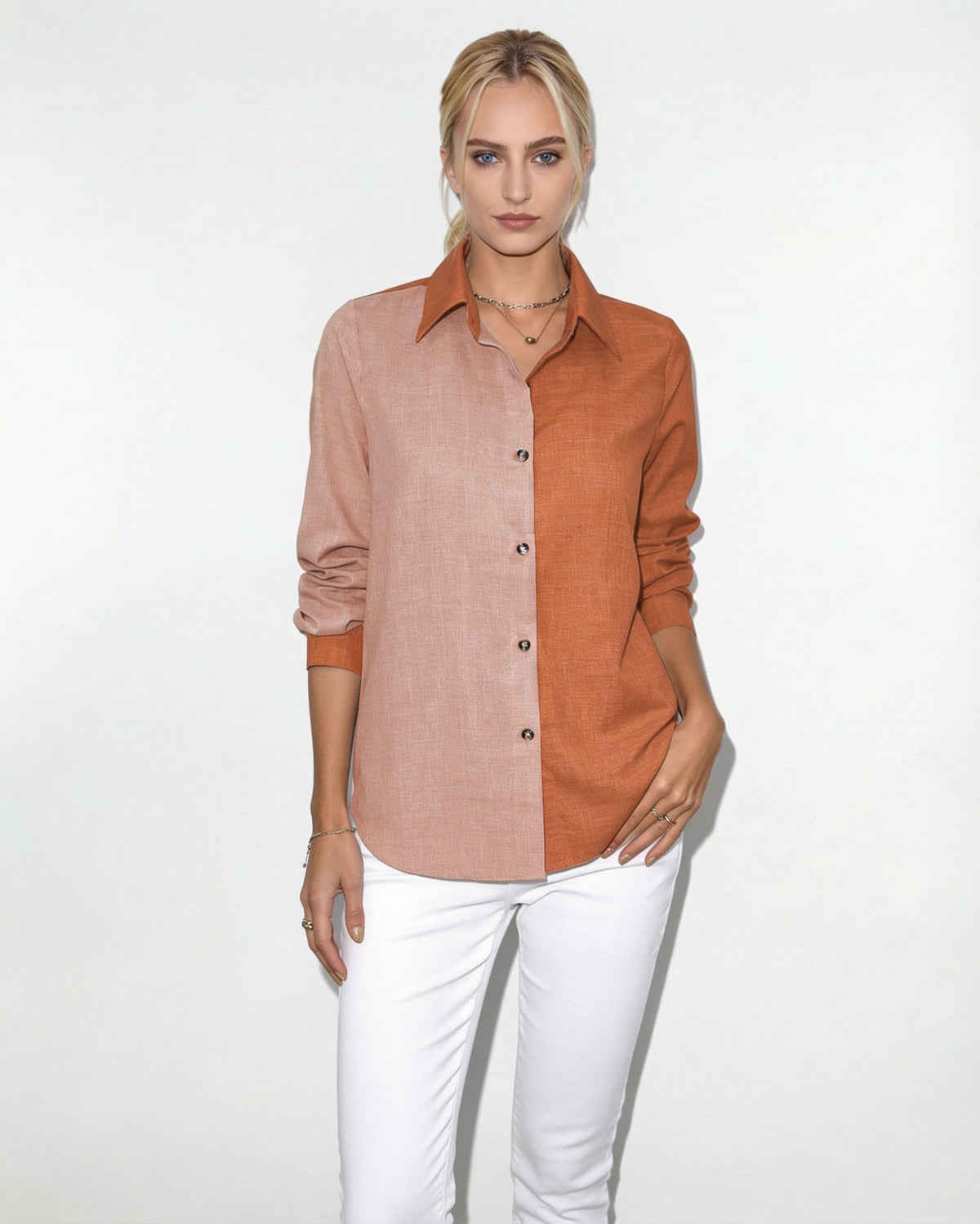 Long-Sleeve Collared Button-Front Blouse