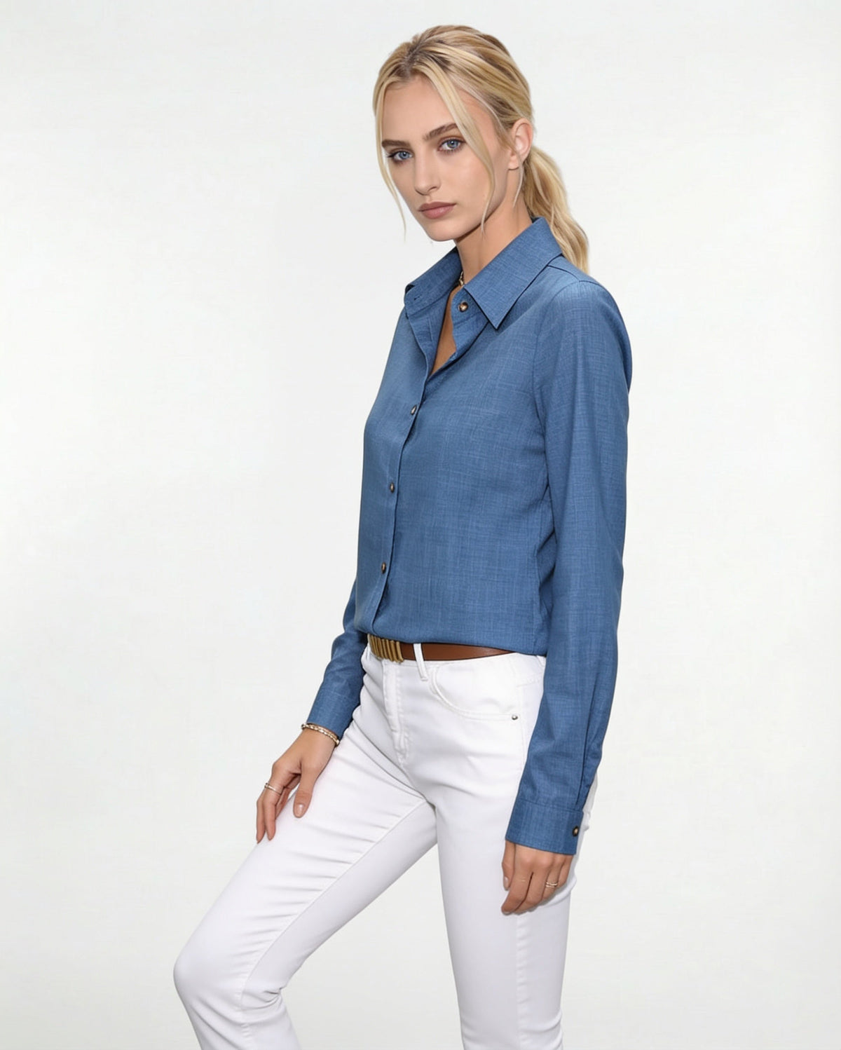Long-Sleeve Collared Button-Front Blouse