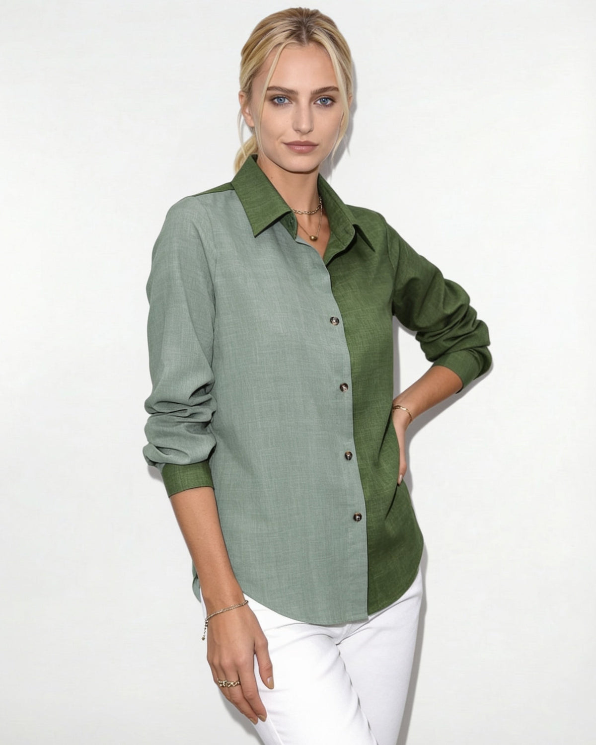 Long-Sleeve Collared Button-Front Blouse