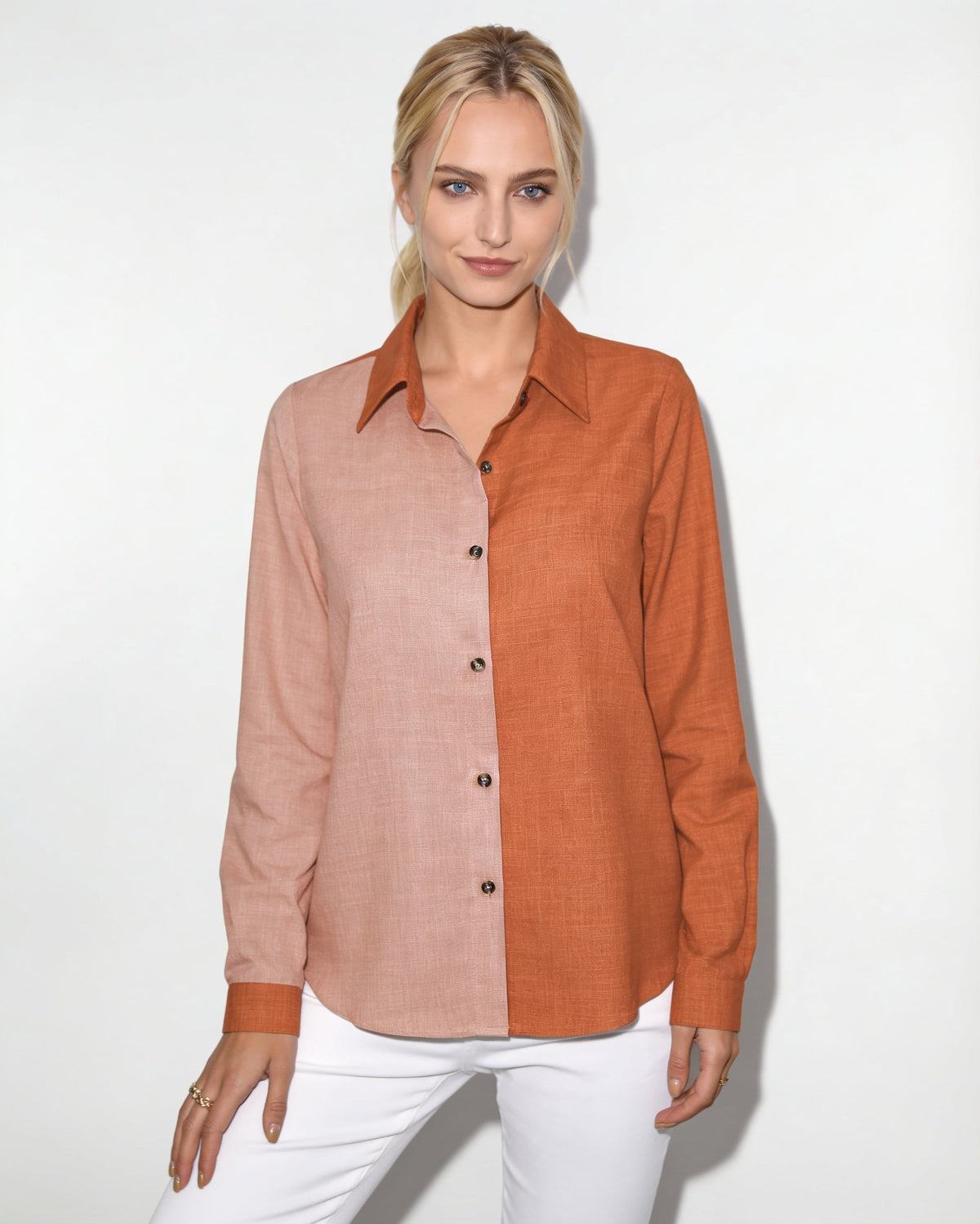 Long-Sleeve Collared Button-Front Blouse