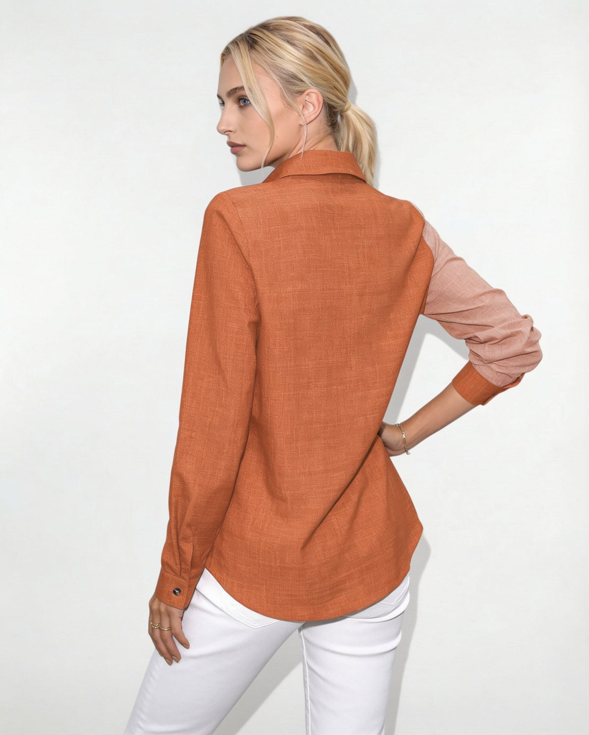 Long-Sleeve Collared Button-Front Blouse