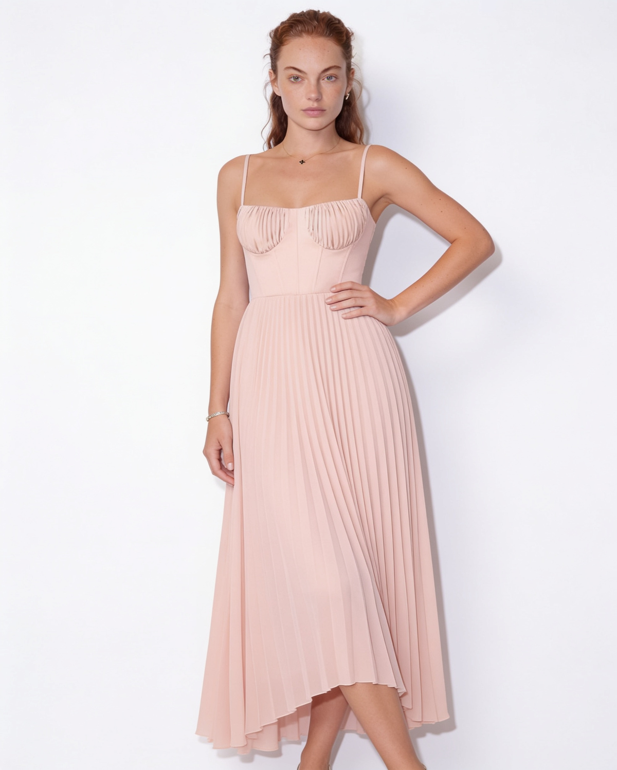 Ruched Bustier Pleated Midi Dress