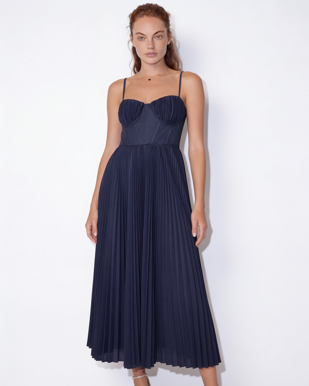 Ruched Bustier Pleated Midi Dress