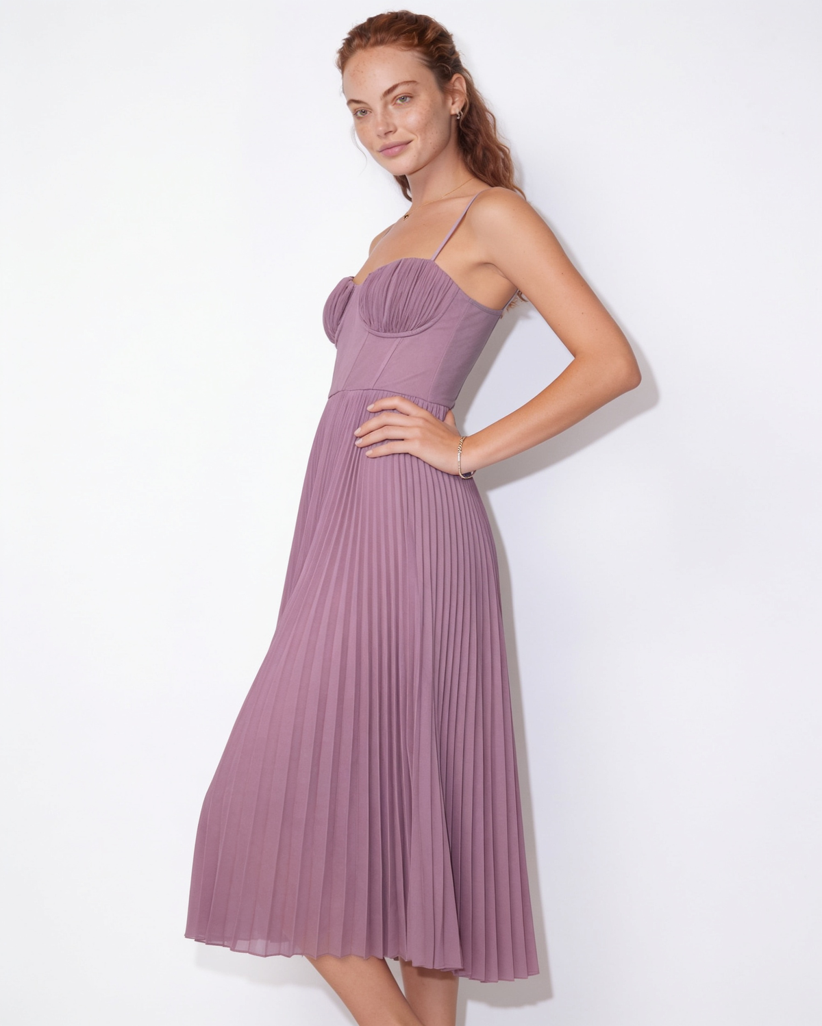 Ruched Bustier Pleated Midi Dress