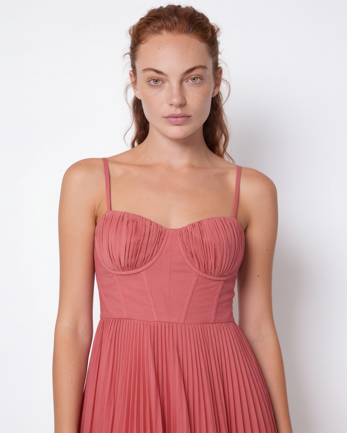 Ruched Bustier Pleated Midi Dress