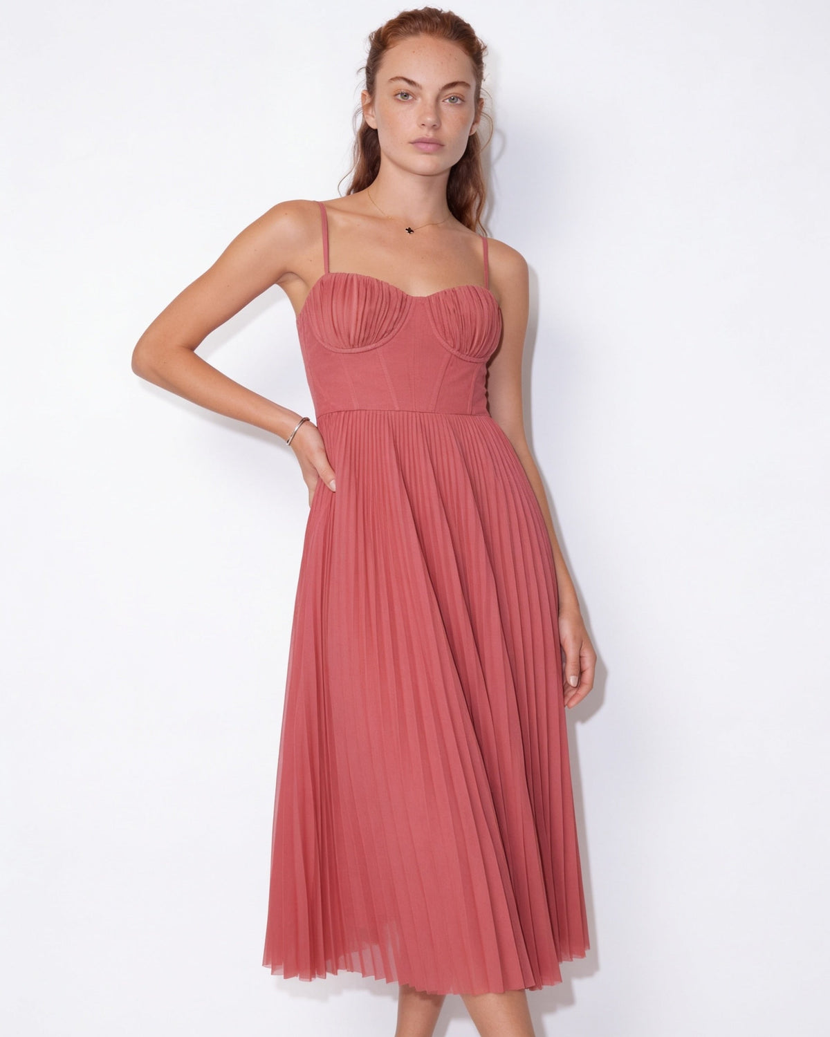 Ruched Bustier Pleated Midi Dress
