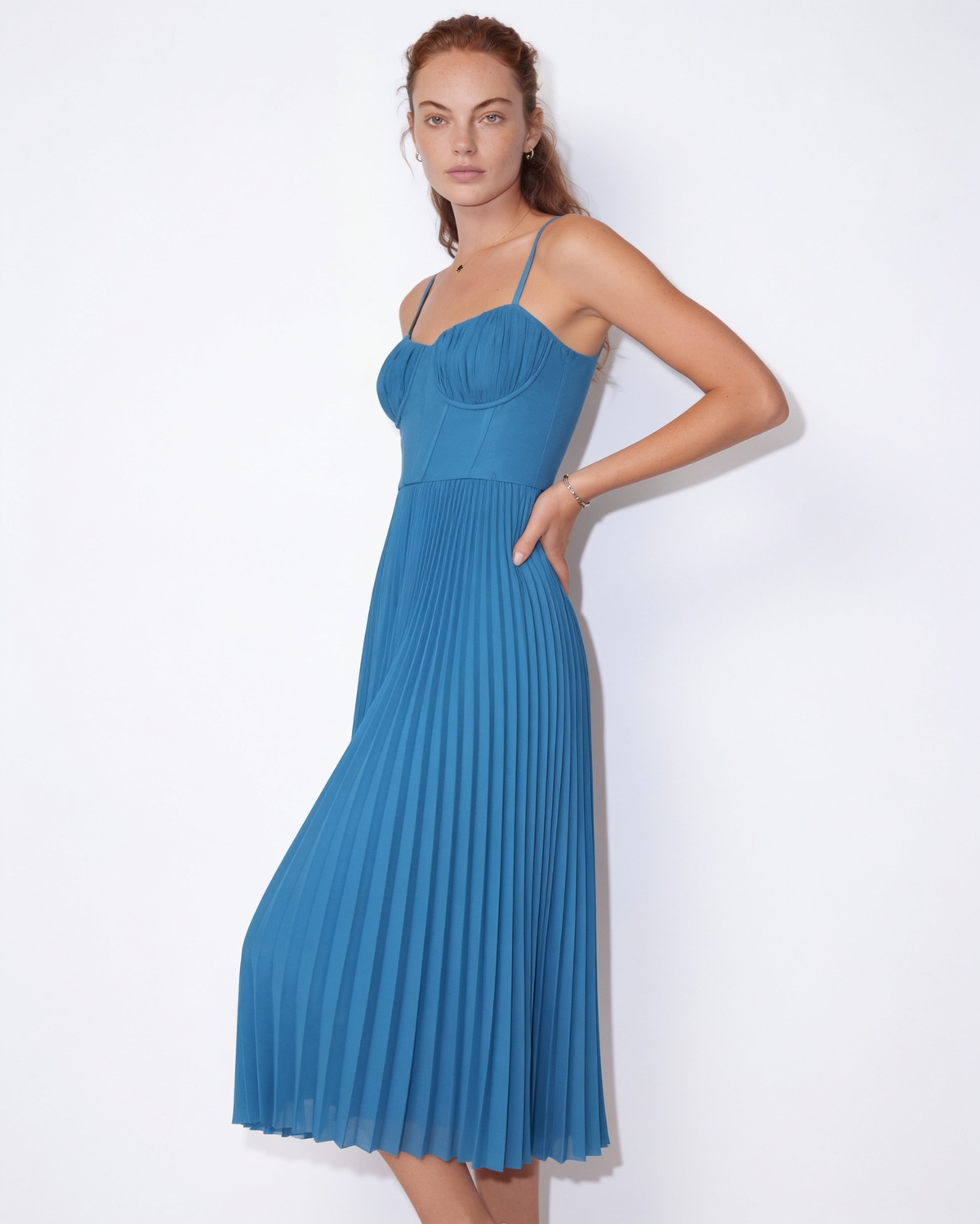 Ruched Bustier Pleated Midi Dress