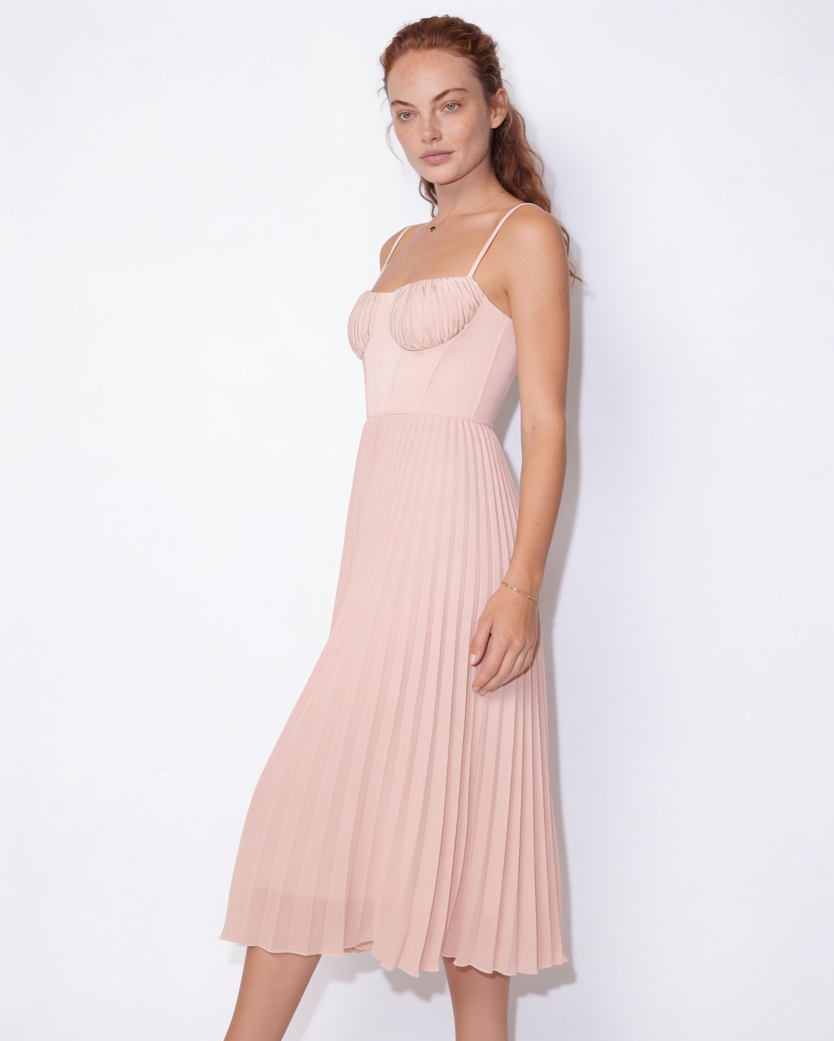 Ruched Bustier Pleated Midi Dress