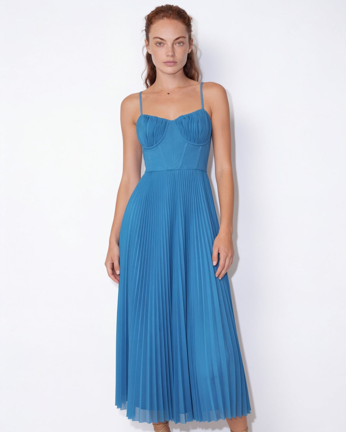 Ruched Bustier Pleated Midi Dress