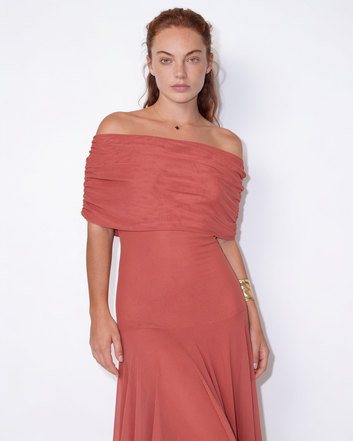 Sheer Off-Shoulder Ruched Maxi Dress