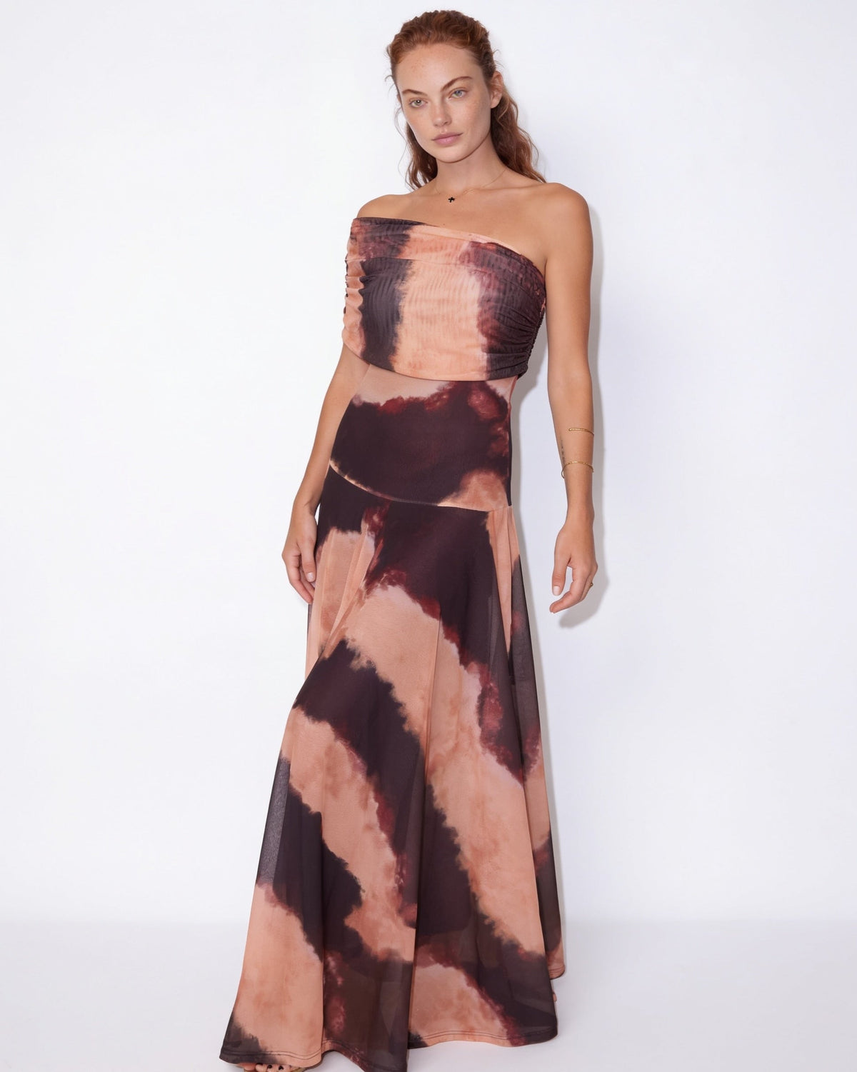 Sheer Off-Shoulder Ruched Maxi Dress