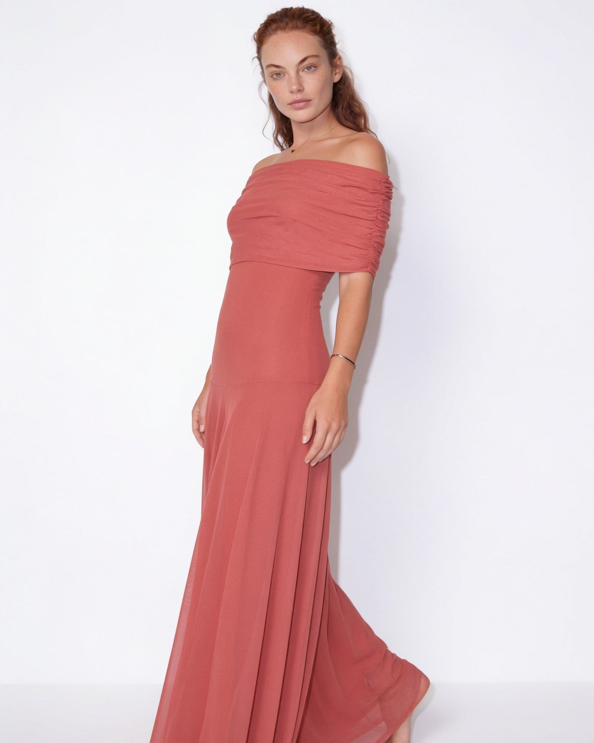 Sheer Off-Shoulder Ruched Maxi Dress