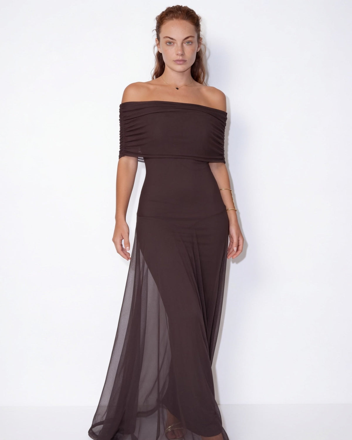 Sheer Off-Shoulder Ruched Maxi Dress