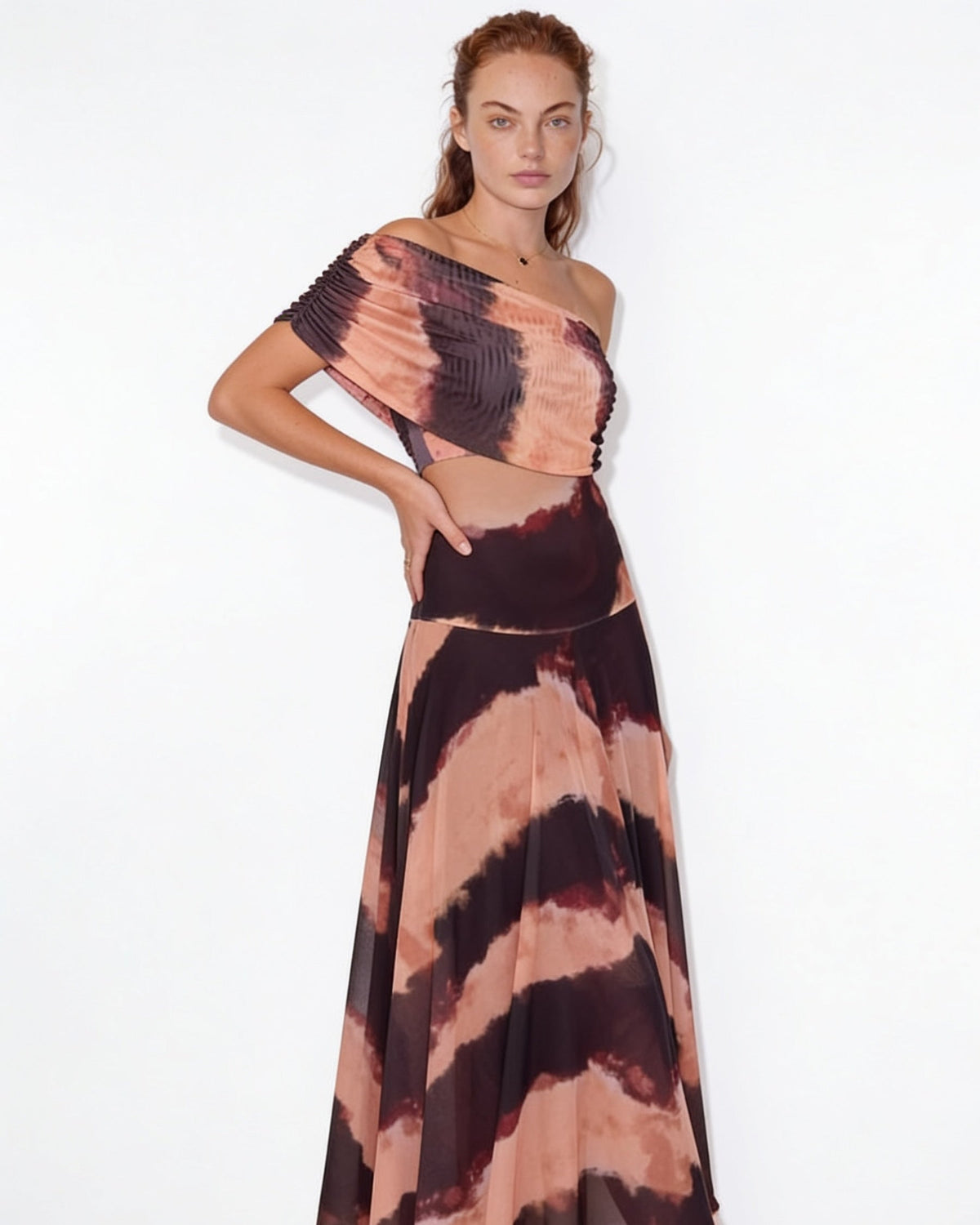 Sheer Off-Shoulder Ruched Maxi Dress