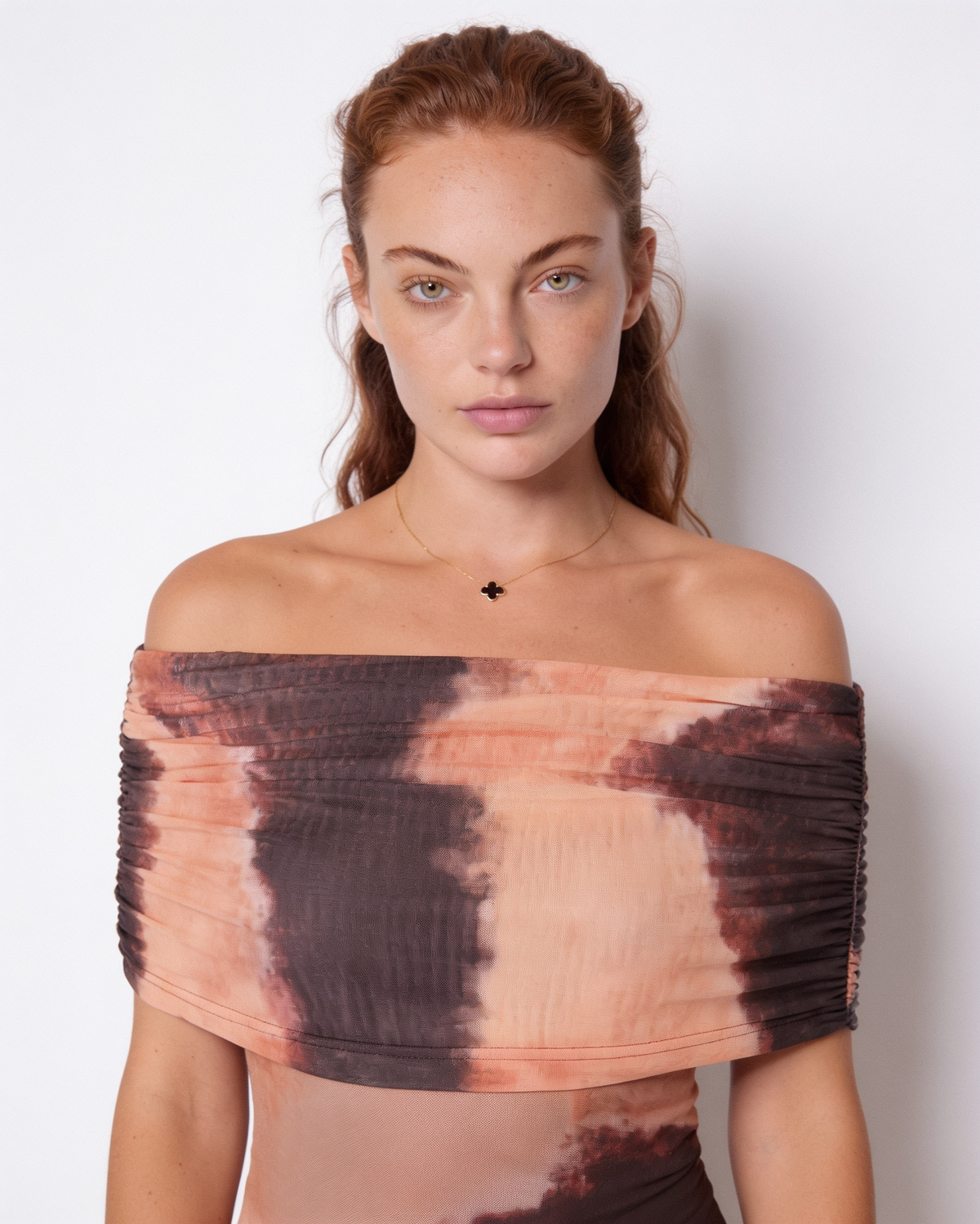 Sheer Off-Shoulder Ruched Maxi Dress