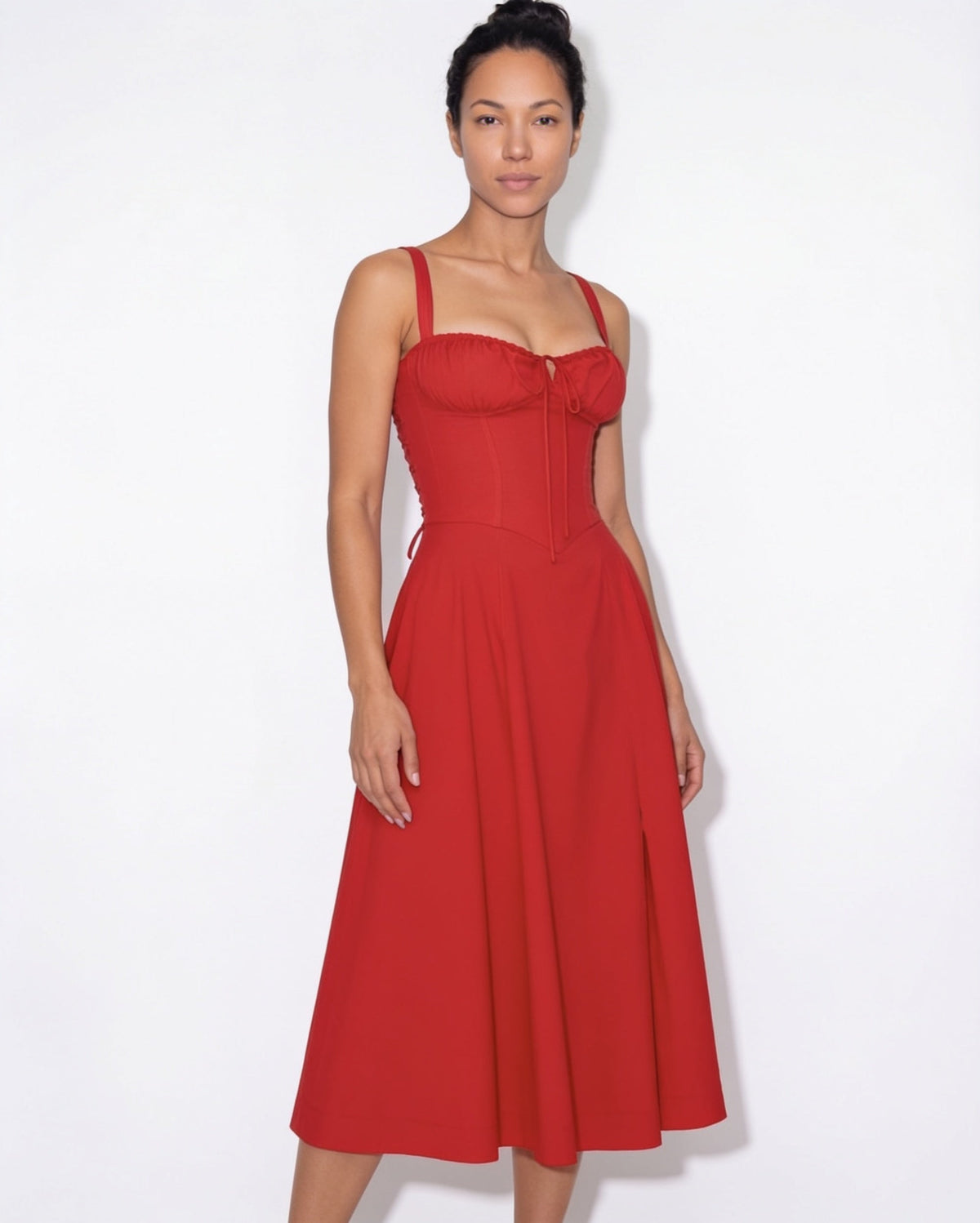 Ruched Tie-Front Corset Midi Dress